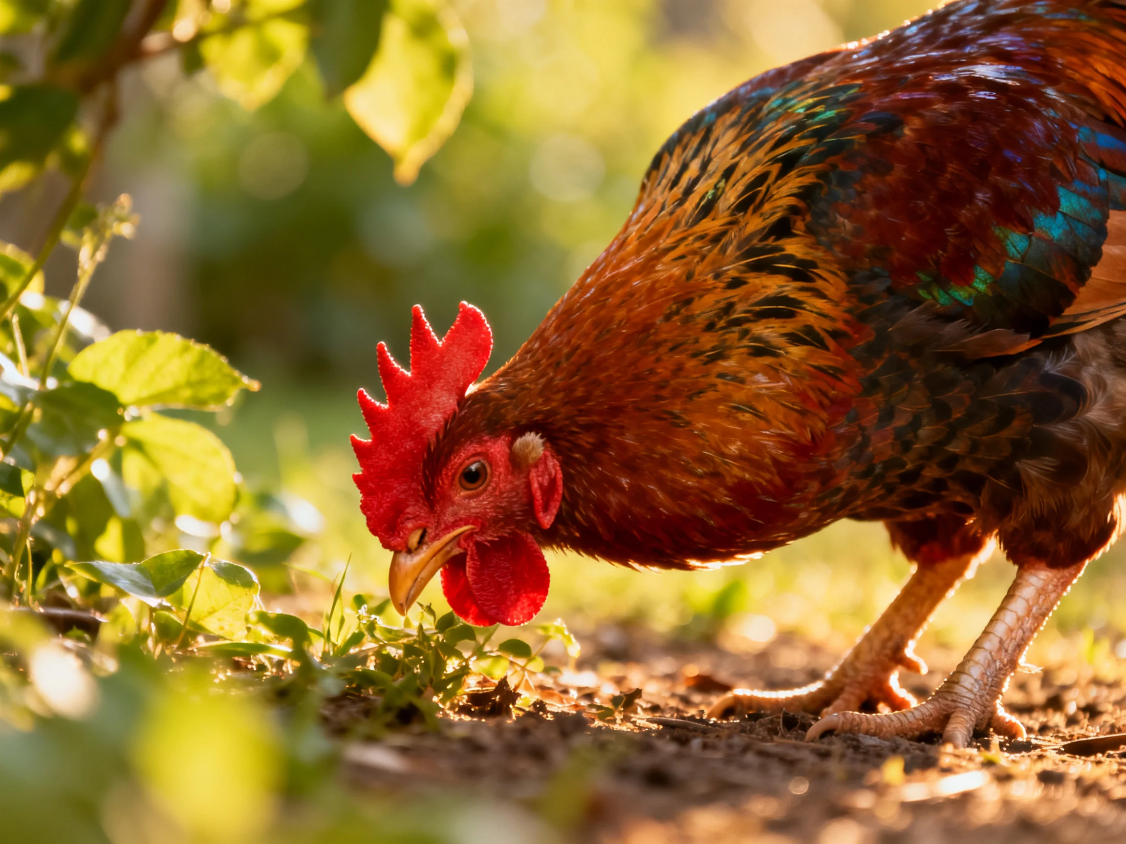 A vibrantly colored rooster forages near lush green plants under warm sunlight