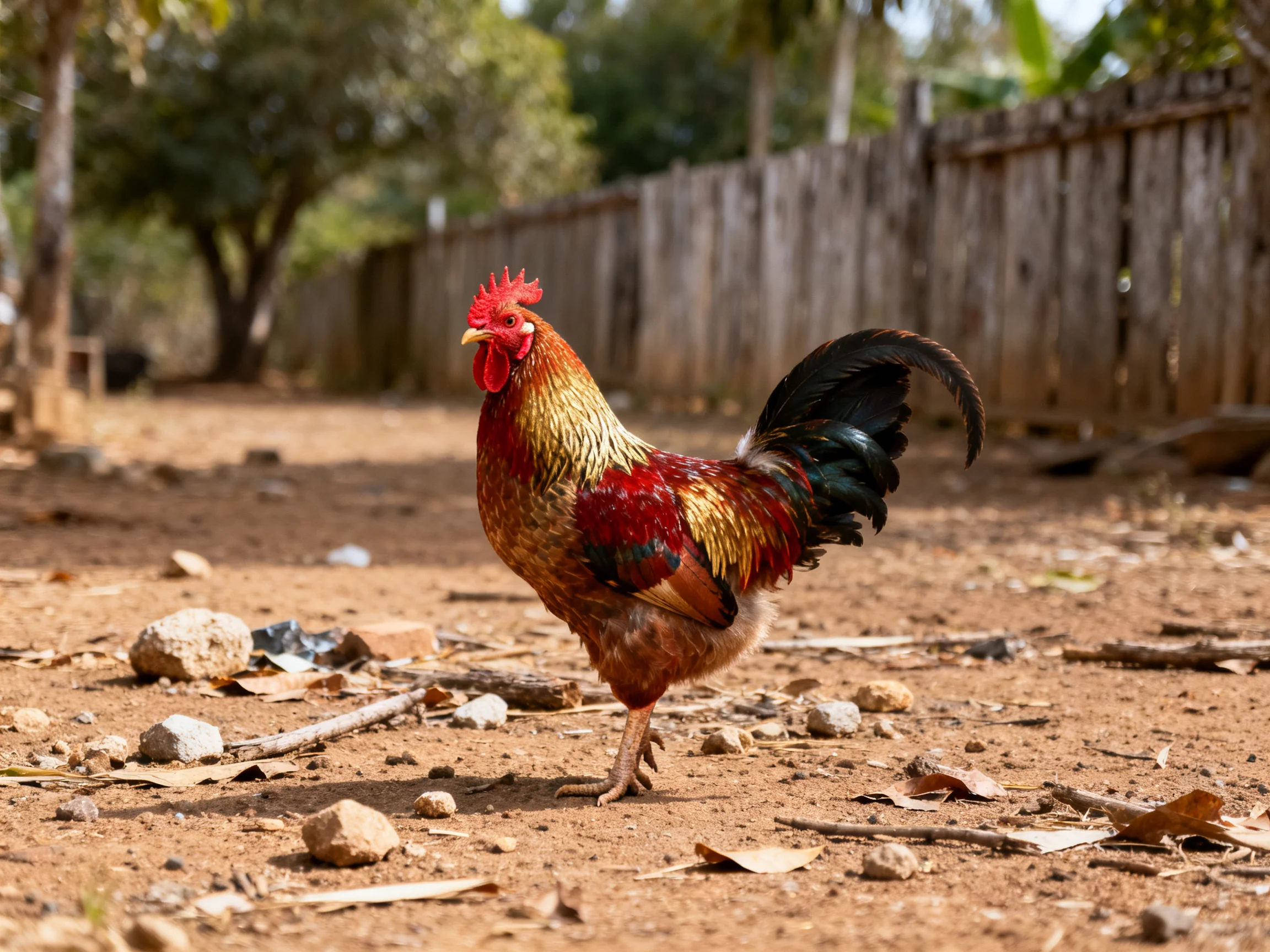 A vibrantly colored rooster on a dusty path near a wooden fence