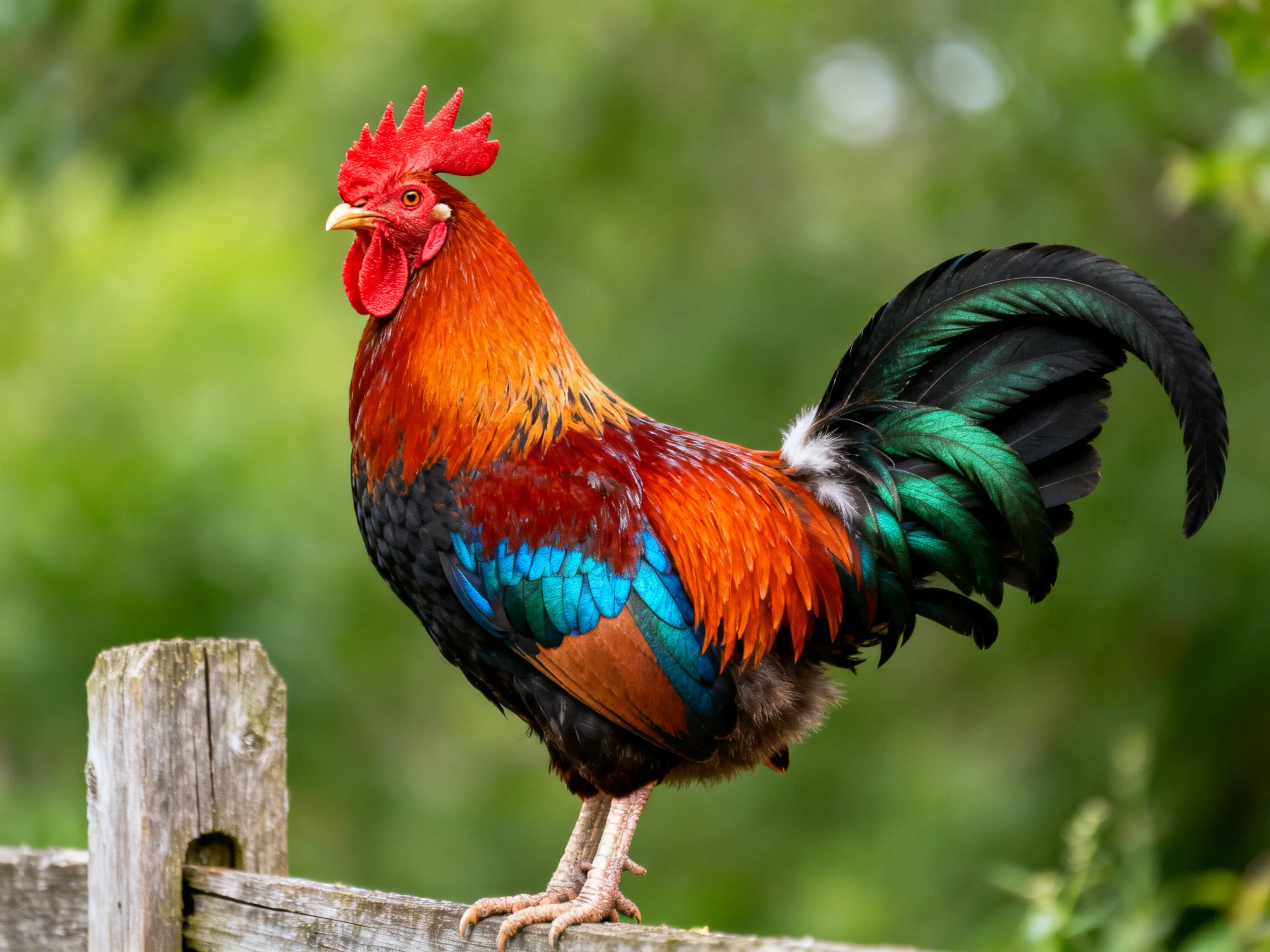 A vibrantly colored rooster perched on a weathered wooden fence