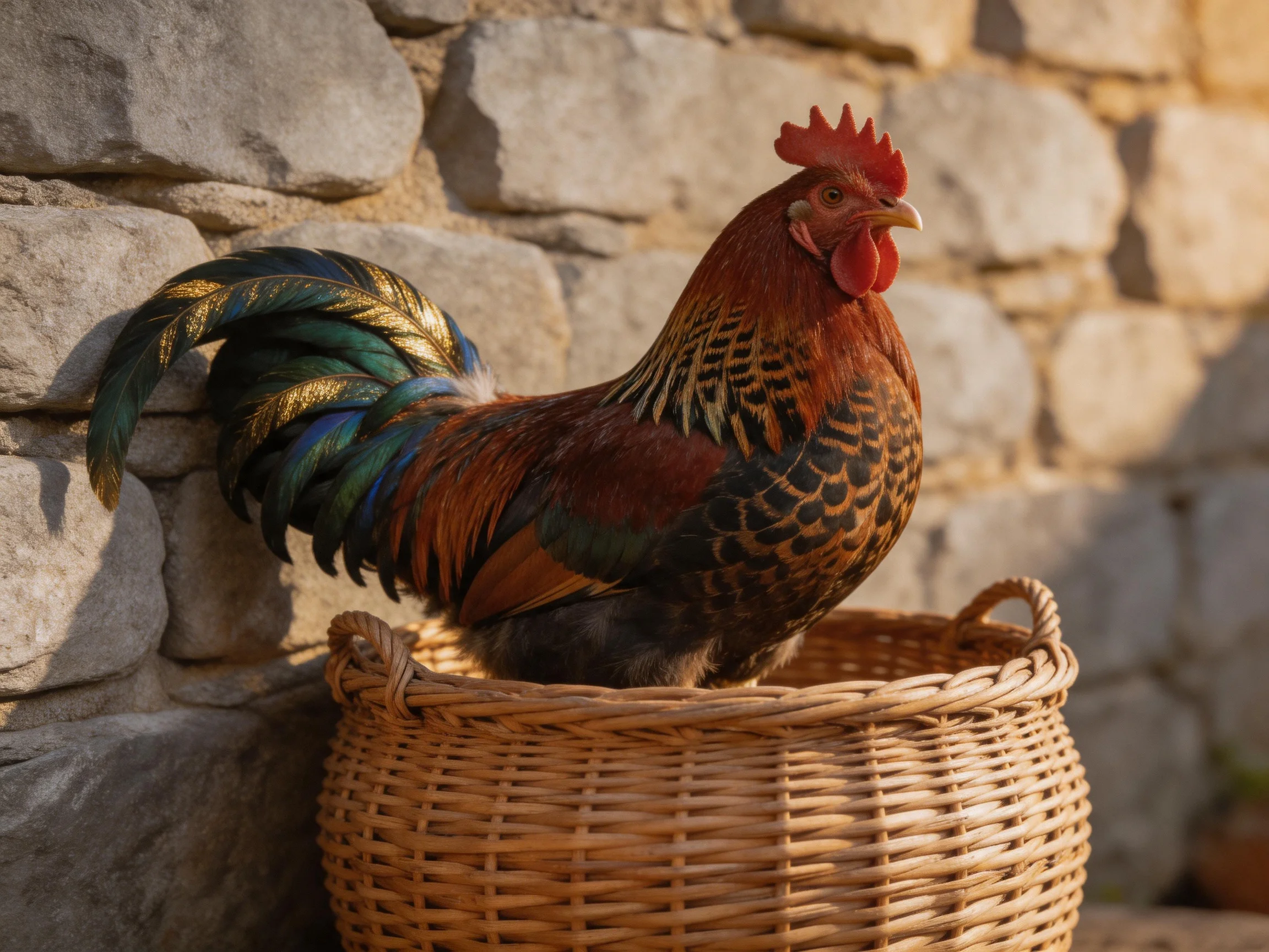 A vibrantly colored rooster perches in a wicker basket beside a stone wall