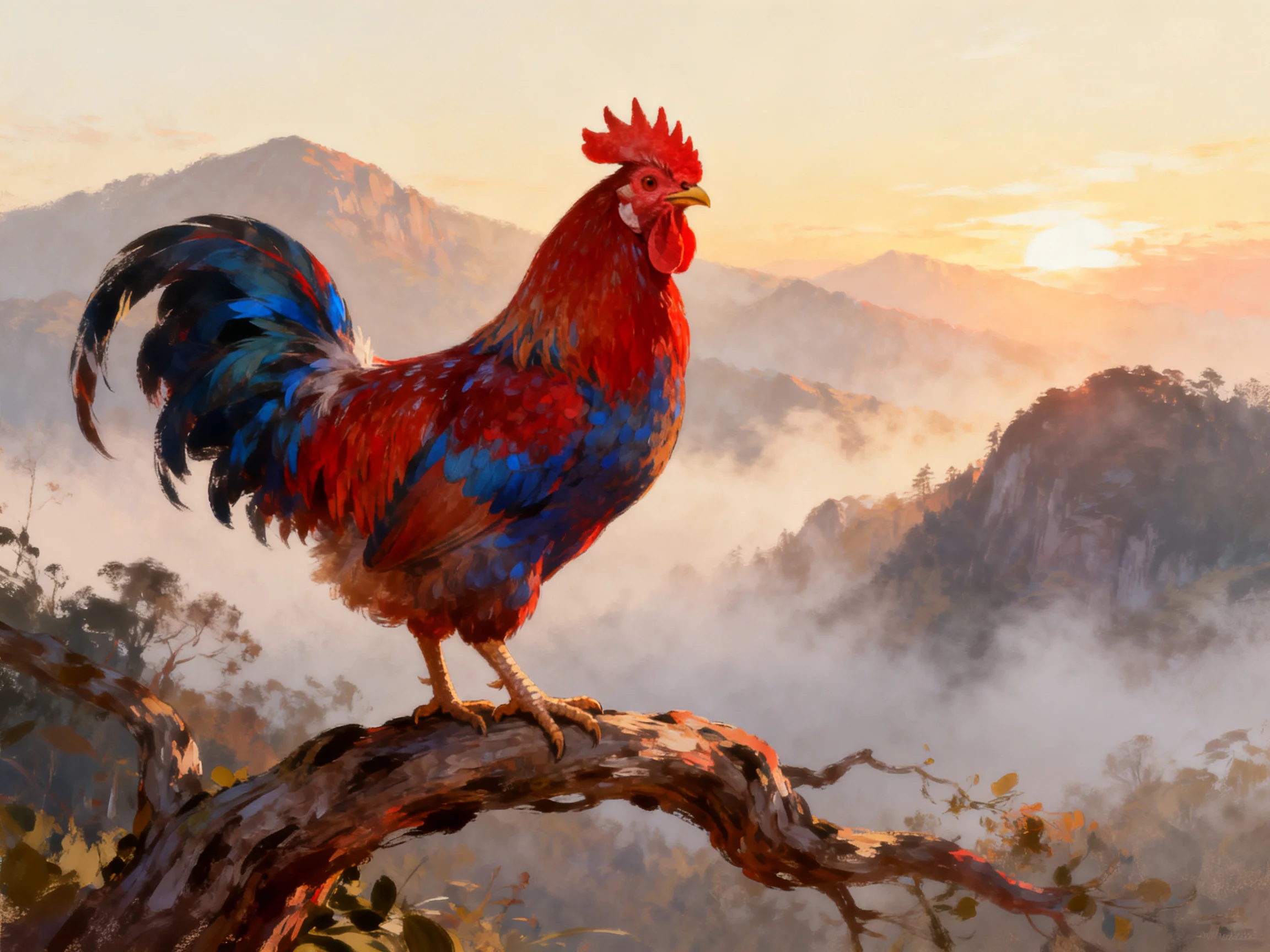 A vibrantly colored rooster perches on a gnarled branch near misty mountain range
