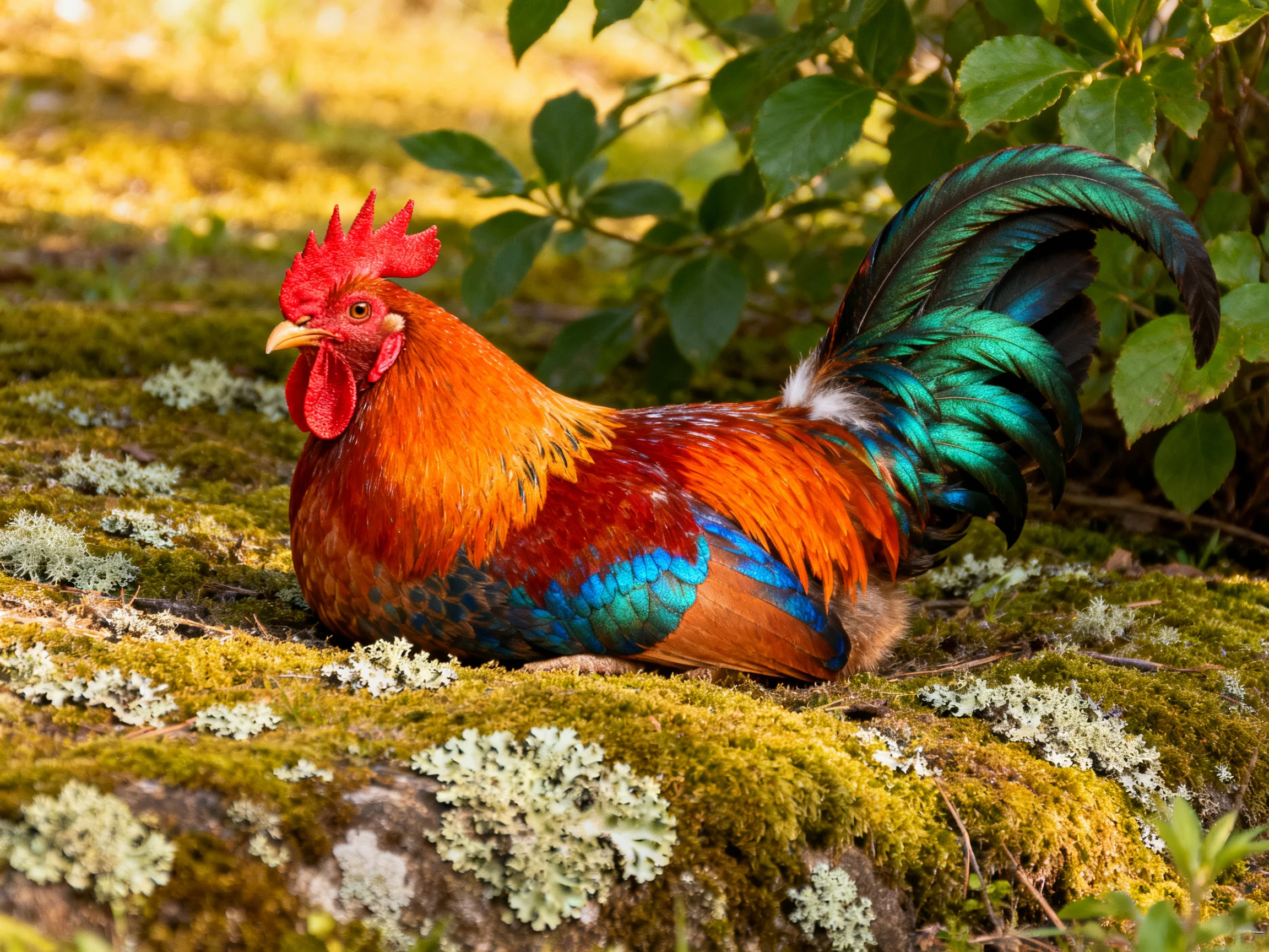 A vibrantly colored rooster rests on mossy ground near green foliage