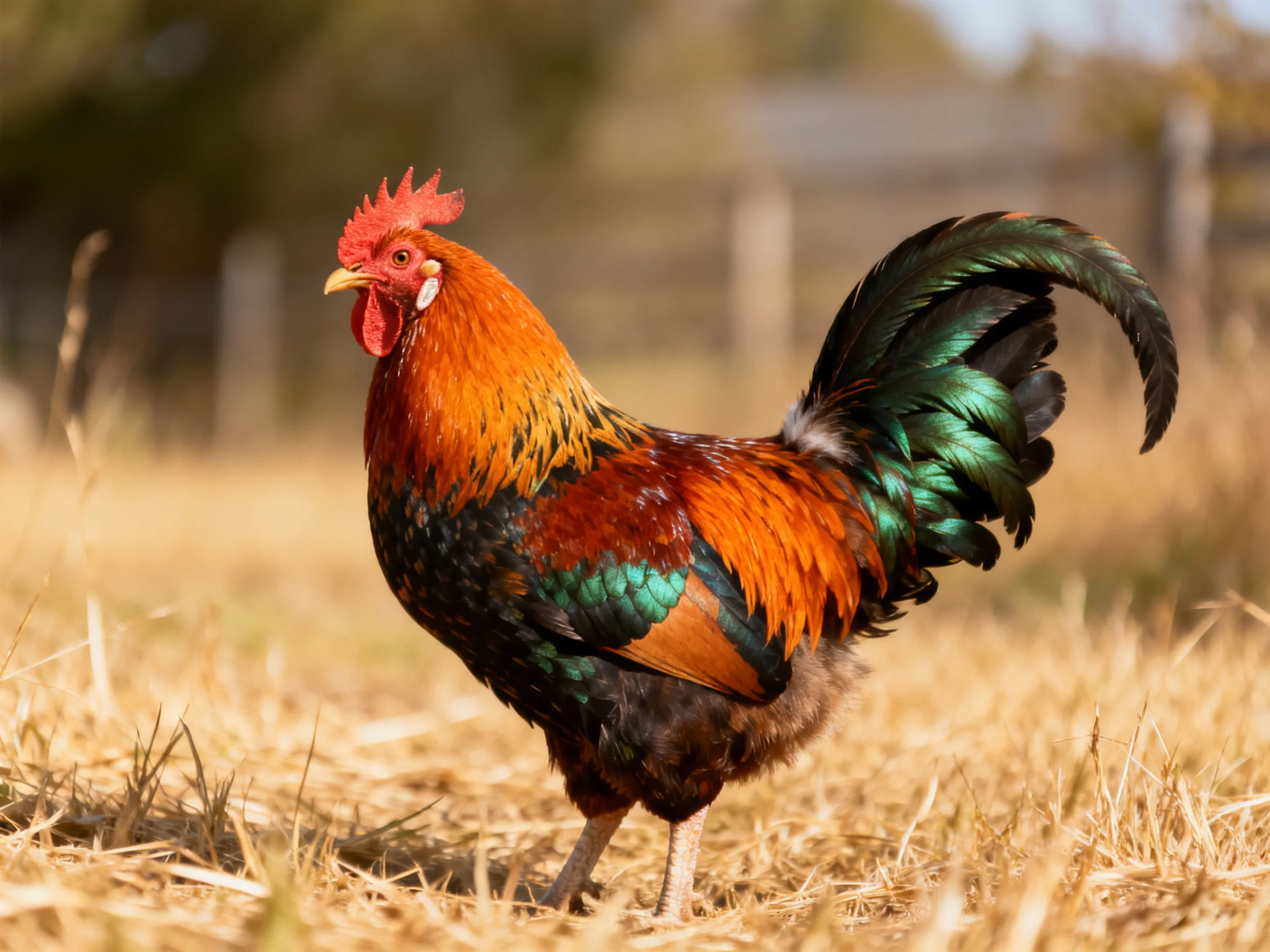 A vibrantly colored rooster standing in golden hay field