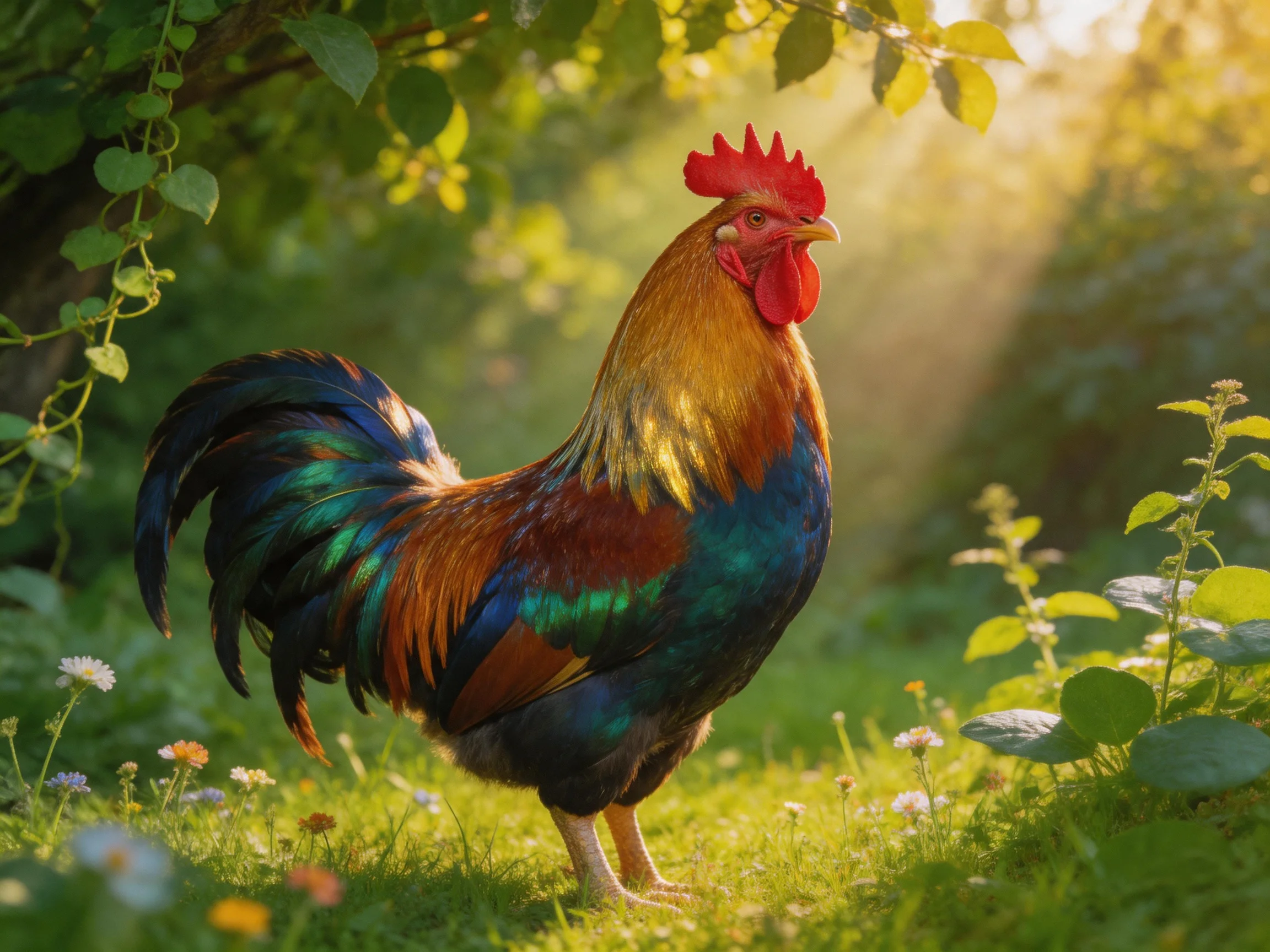 A vibrantly colored rooster stands among lush greenery and wildflowers