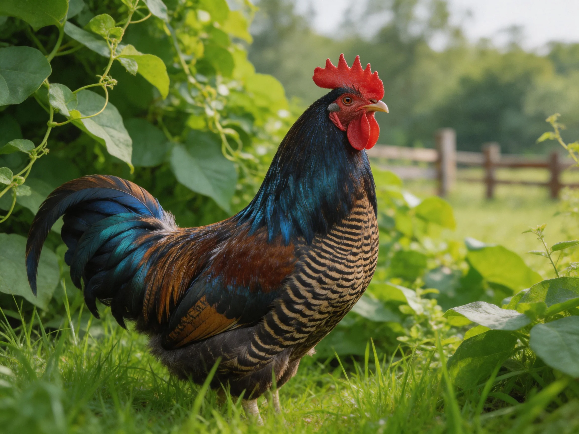 A vibrantly colored rooster stands among lush greenery near a wooden fence