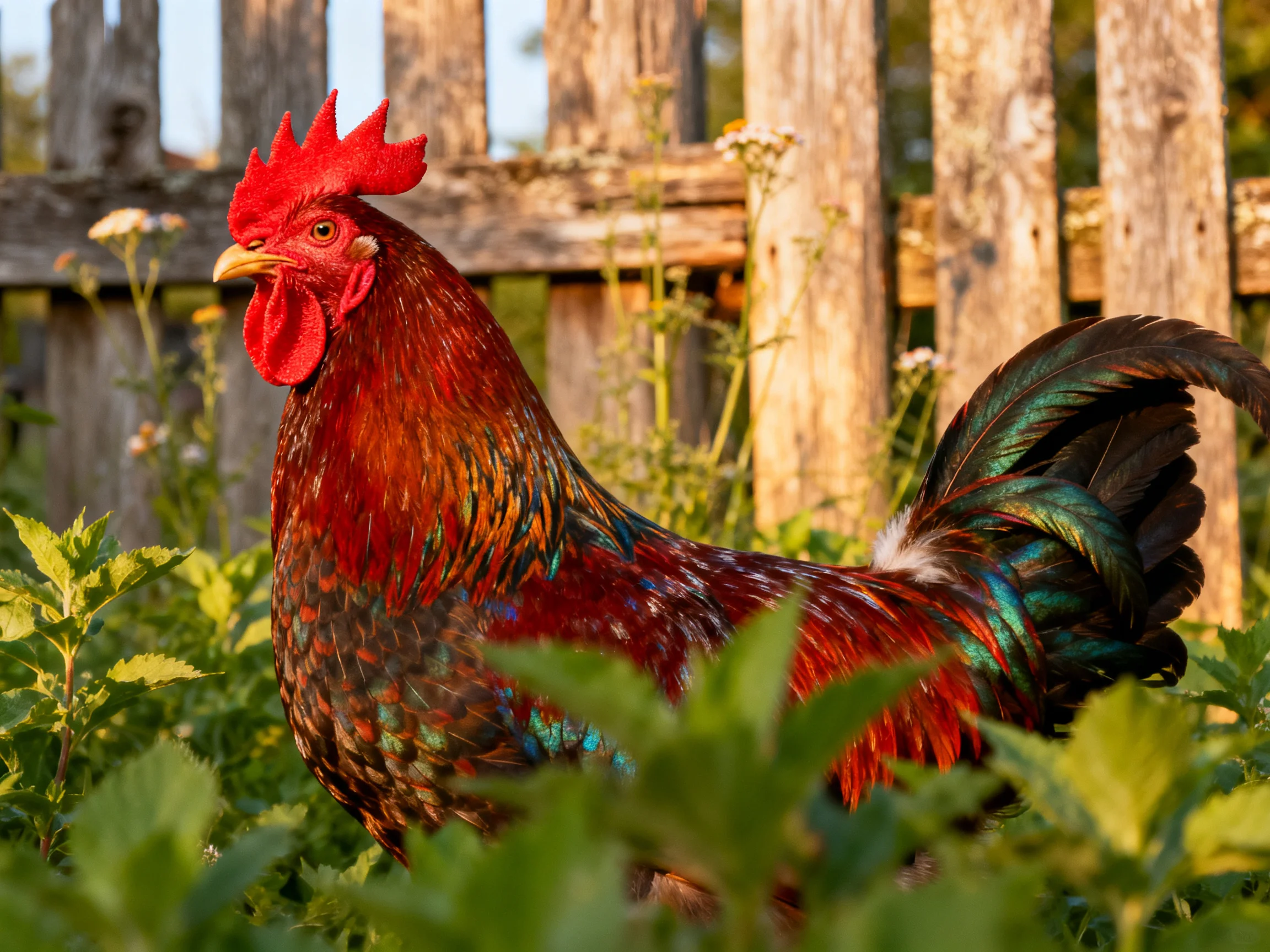 A vibrantly colored rooster stands among lush greenery near an aged wooden fence