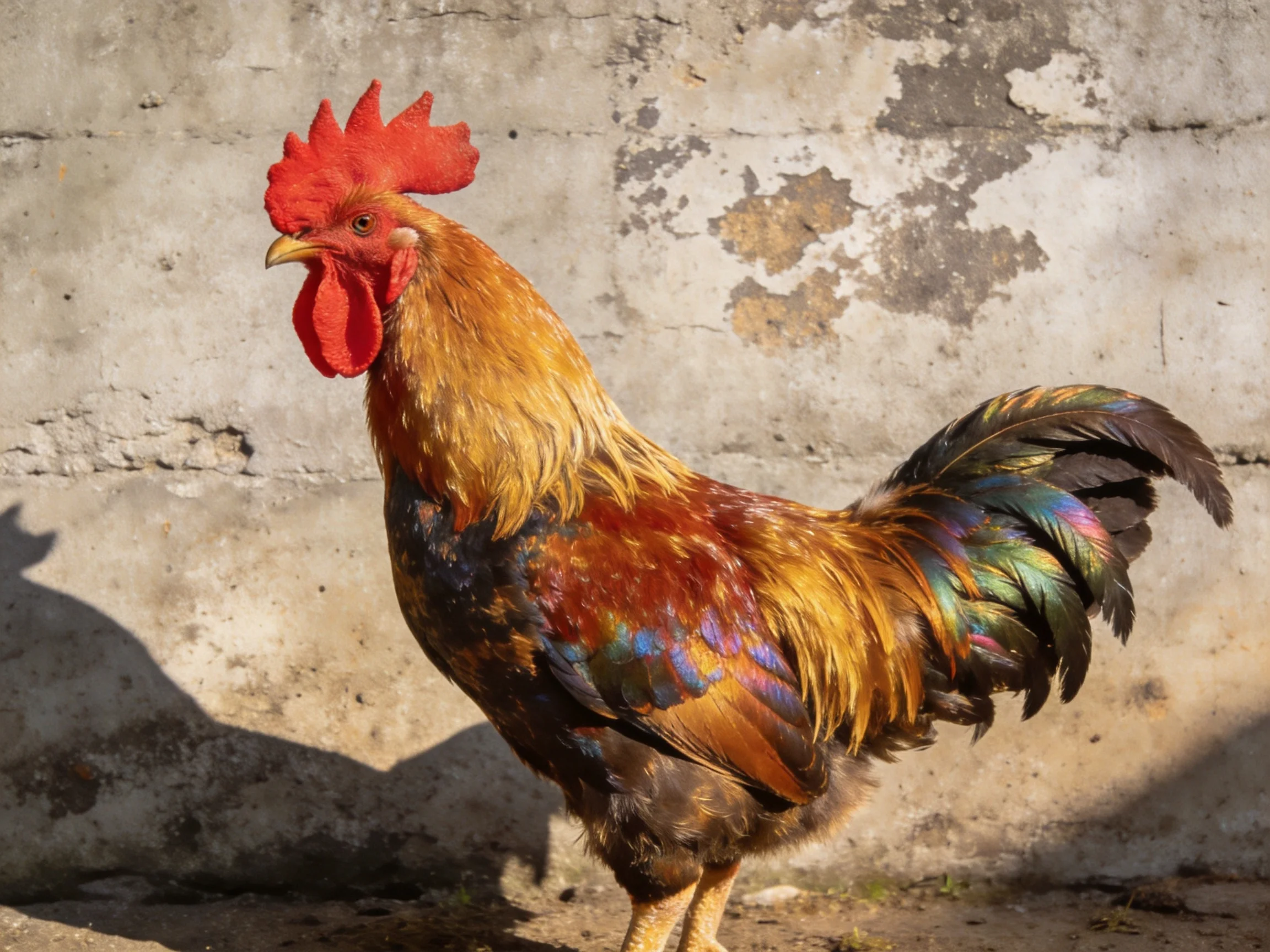 A vibrantly colored rooster stands before an aged concrete wall