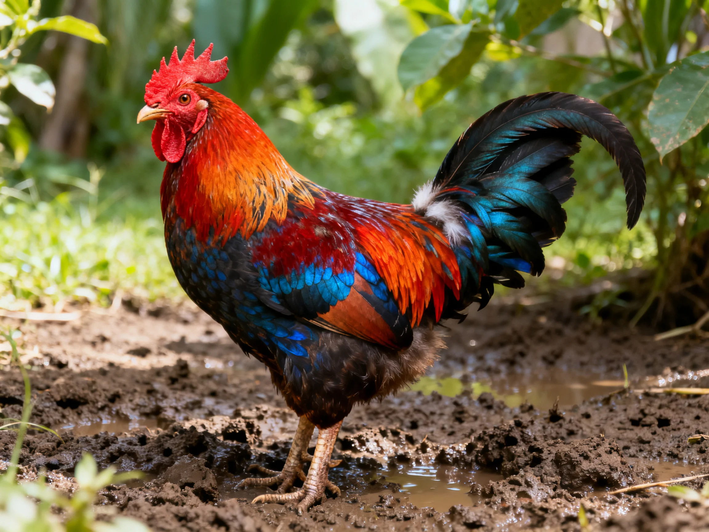 A vibrantly colored rooster stands in muddy terrain among lush greenery