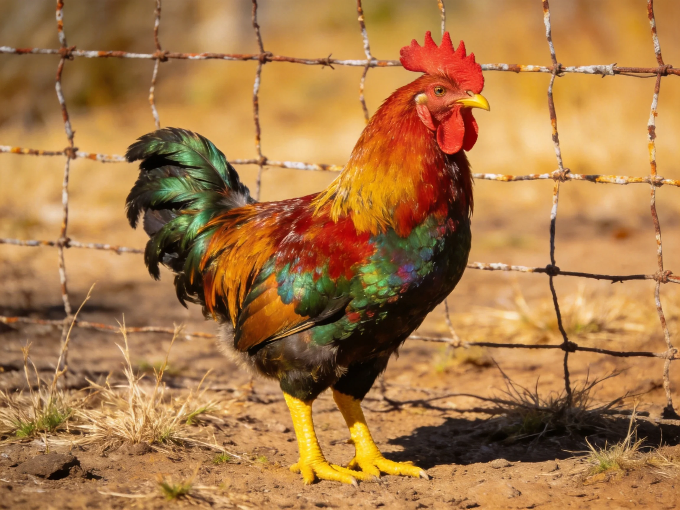 A vibrantly colored rooster stands near a rusty wire fence