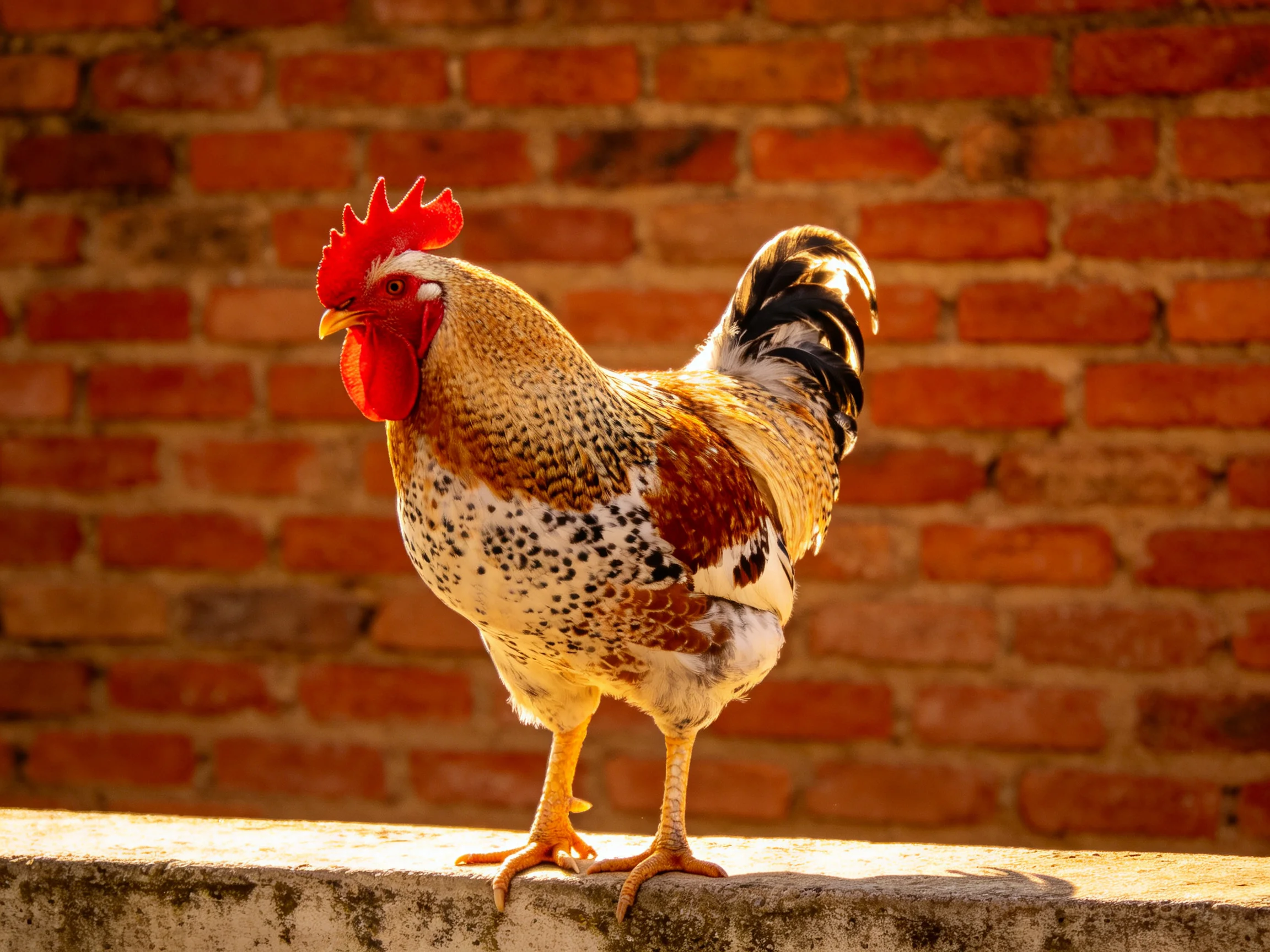 A vibrantly colored rooster stands on a ledge near a red brick wall