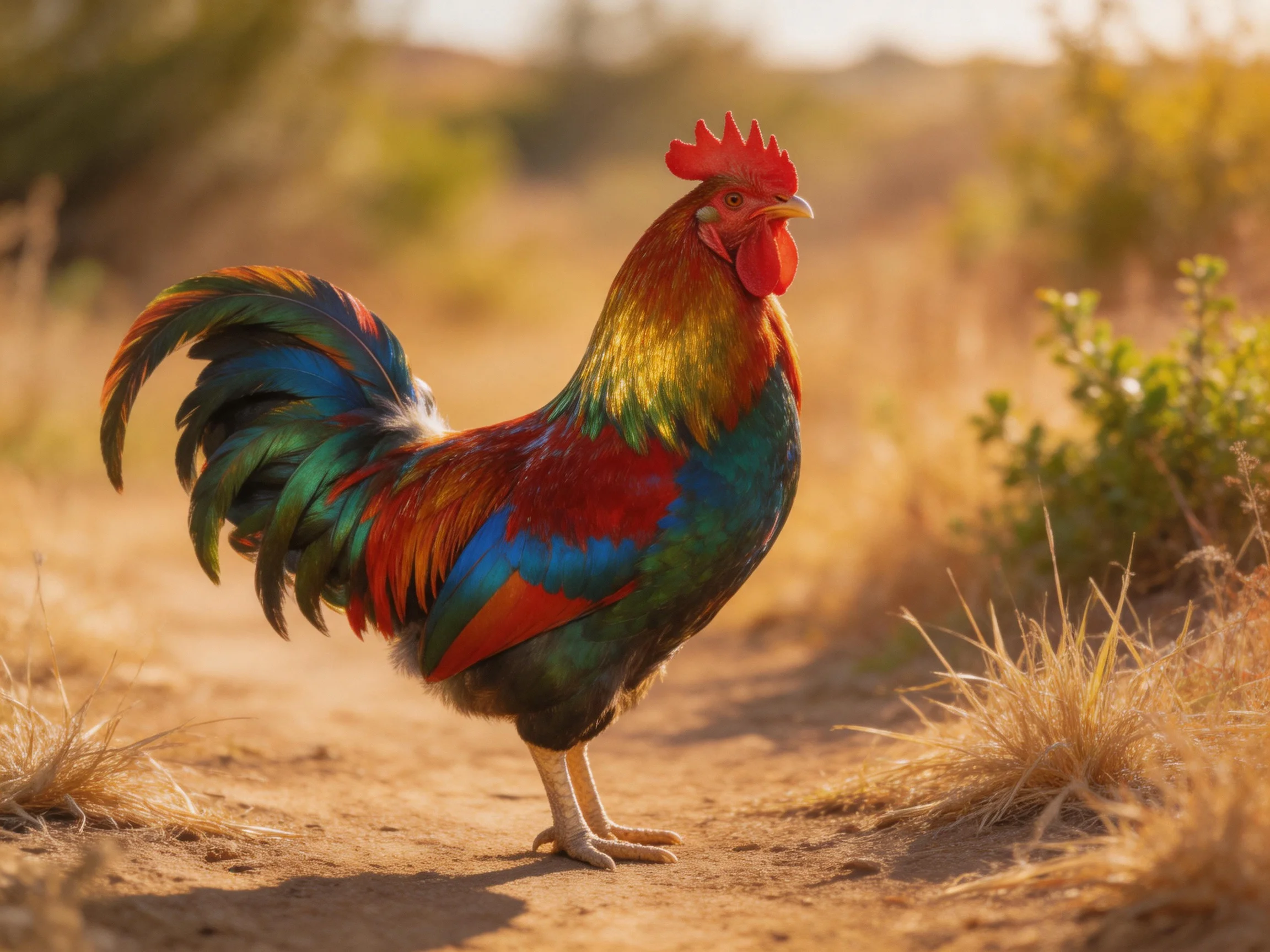 A vibrantly colored rooster stands on a sunlit dirt path