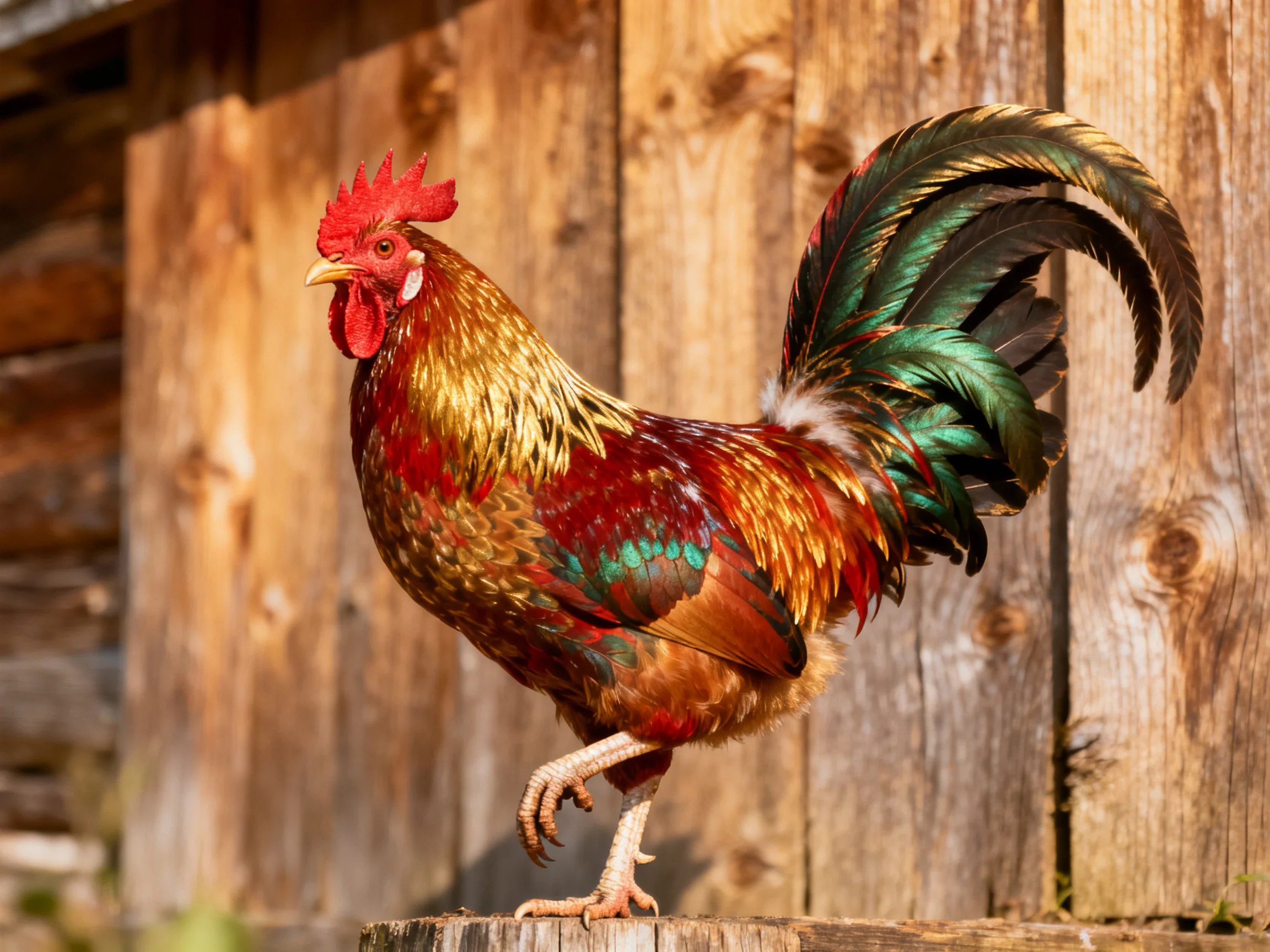 A vibrantly colored rooster stands on a wooden post near a rustic wooden fence