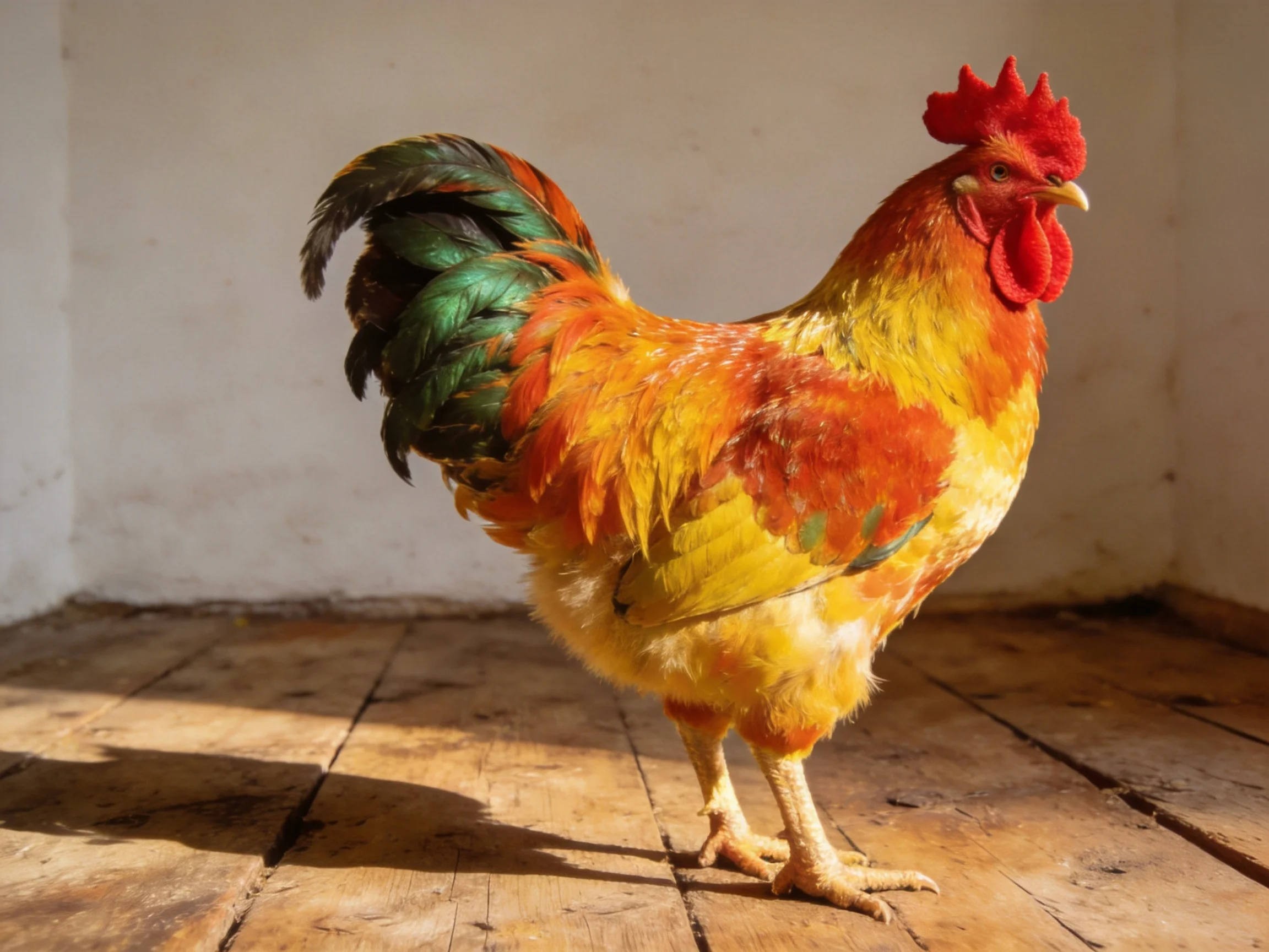 A vibrantly colored rooster stands on aged wooden flooring
