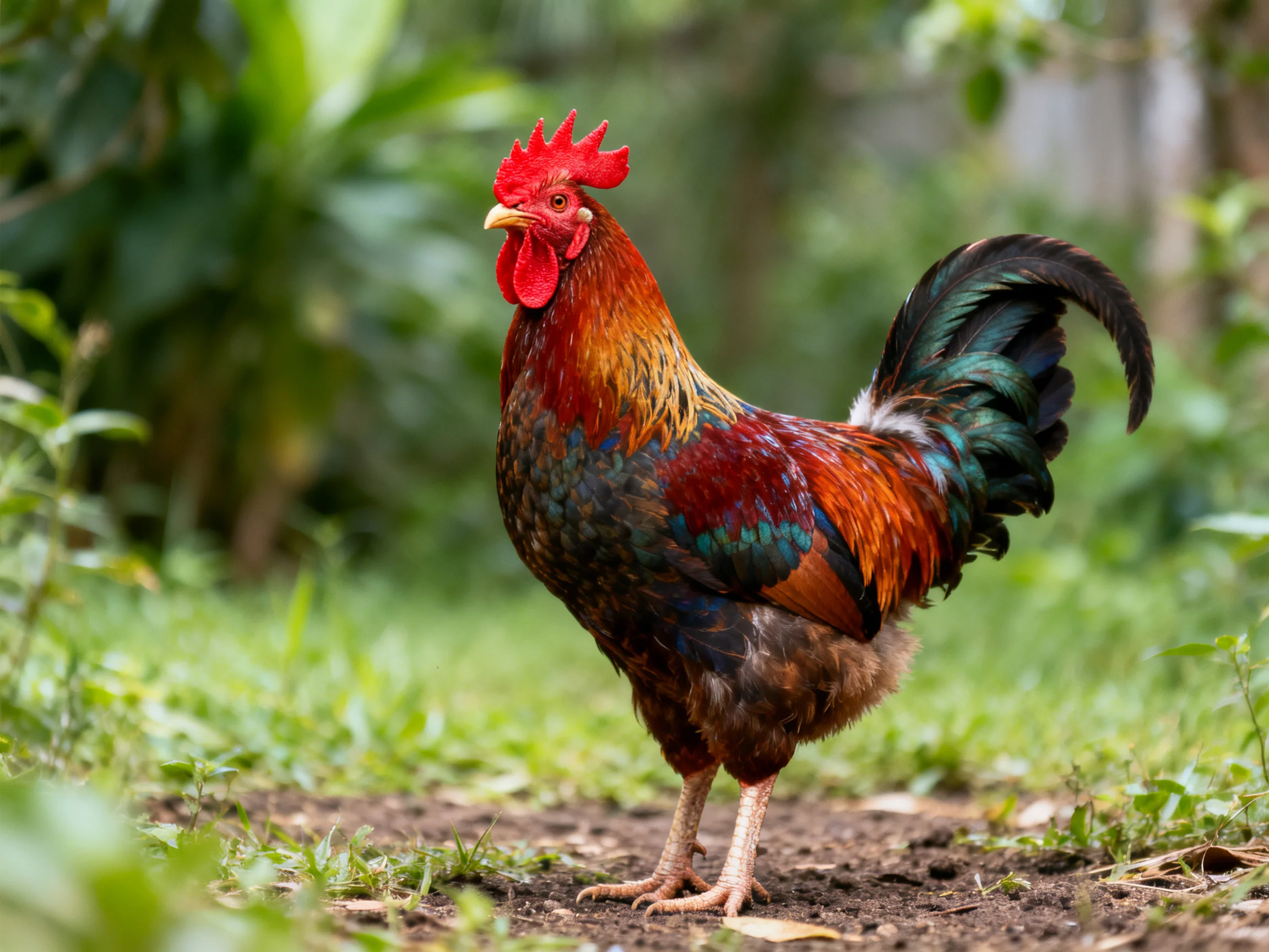 A vibrantly colored rooster stands on earthy terrain surrounded by lush green vegetation