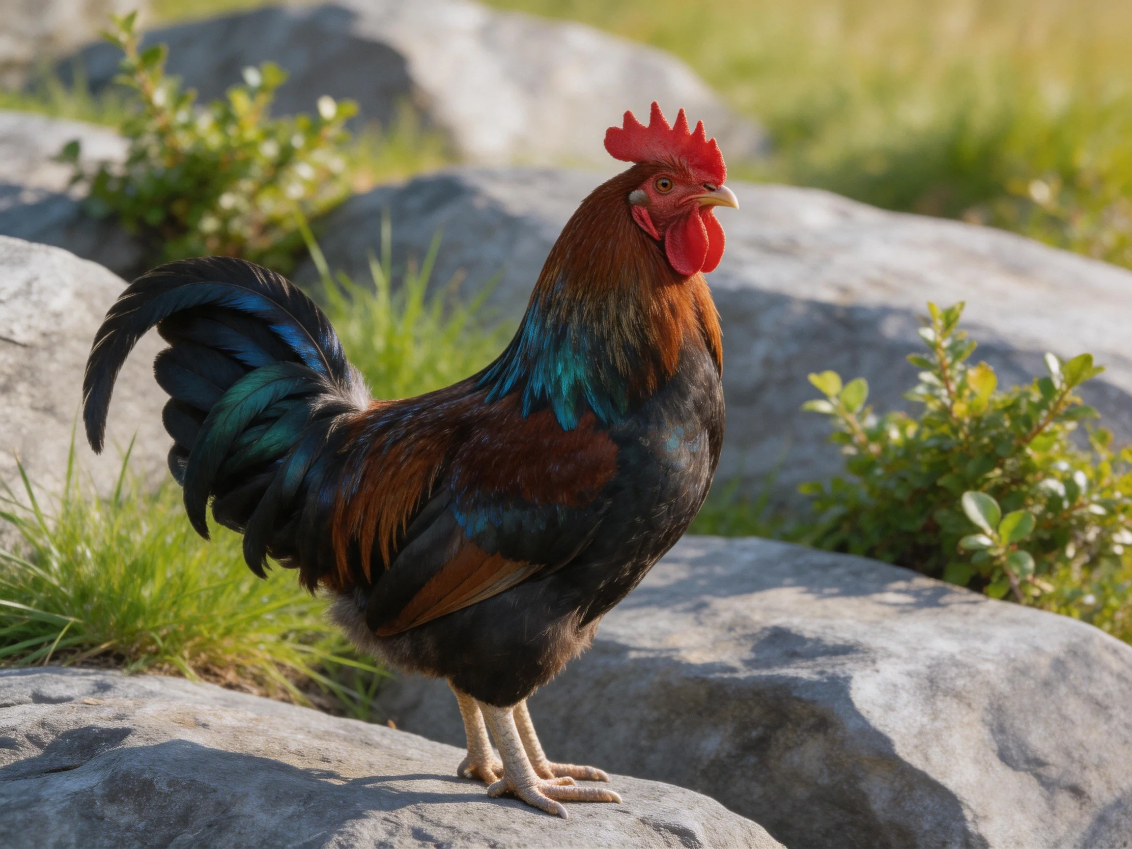 A vibrantly colored rooster stands on large gray rocks amid greenery