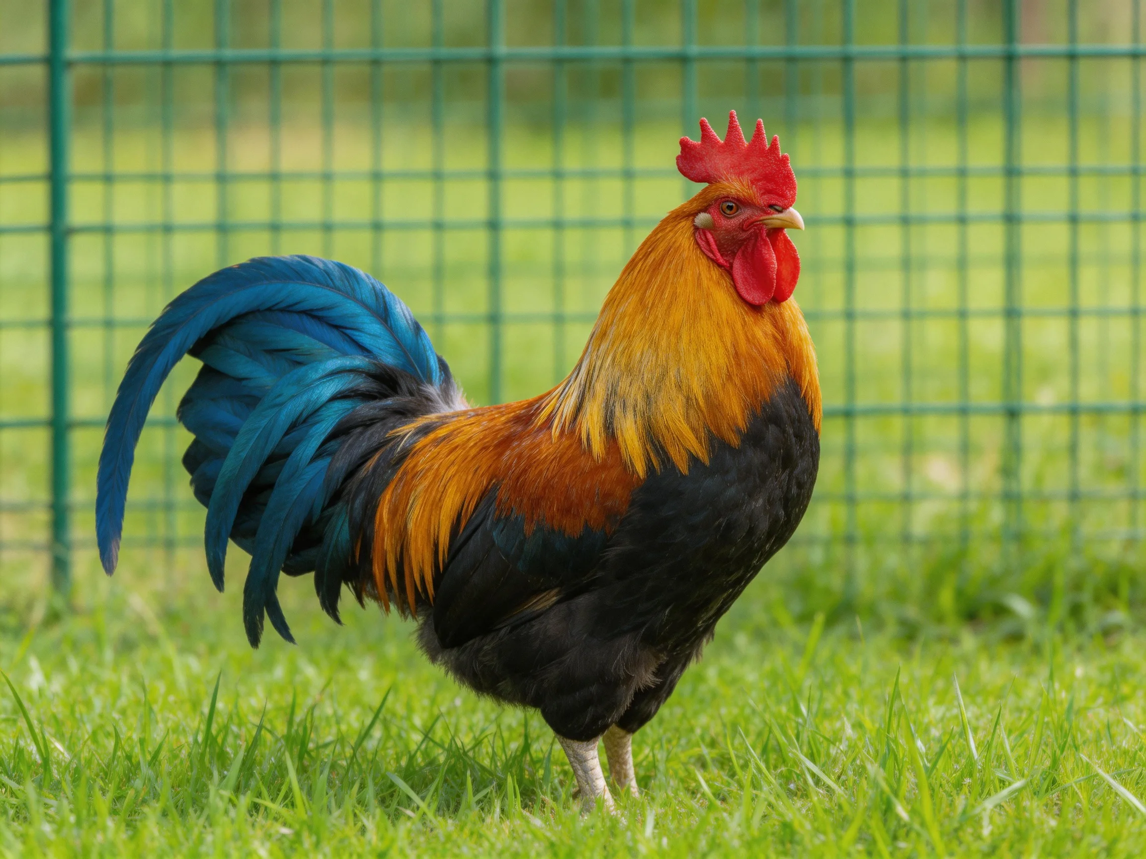 A vibrantly colored rooster stands on lush green grass near a green wire fence
