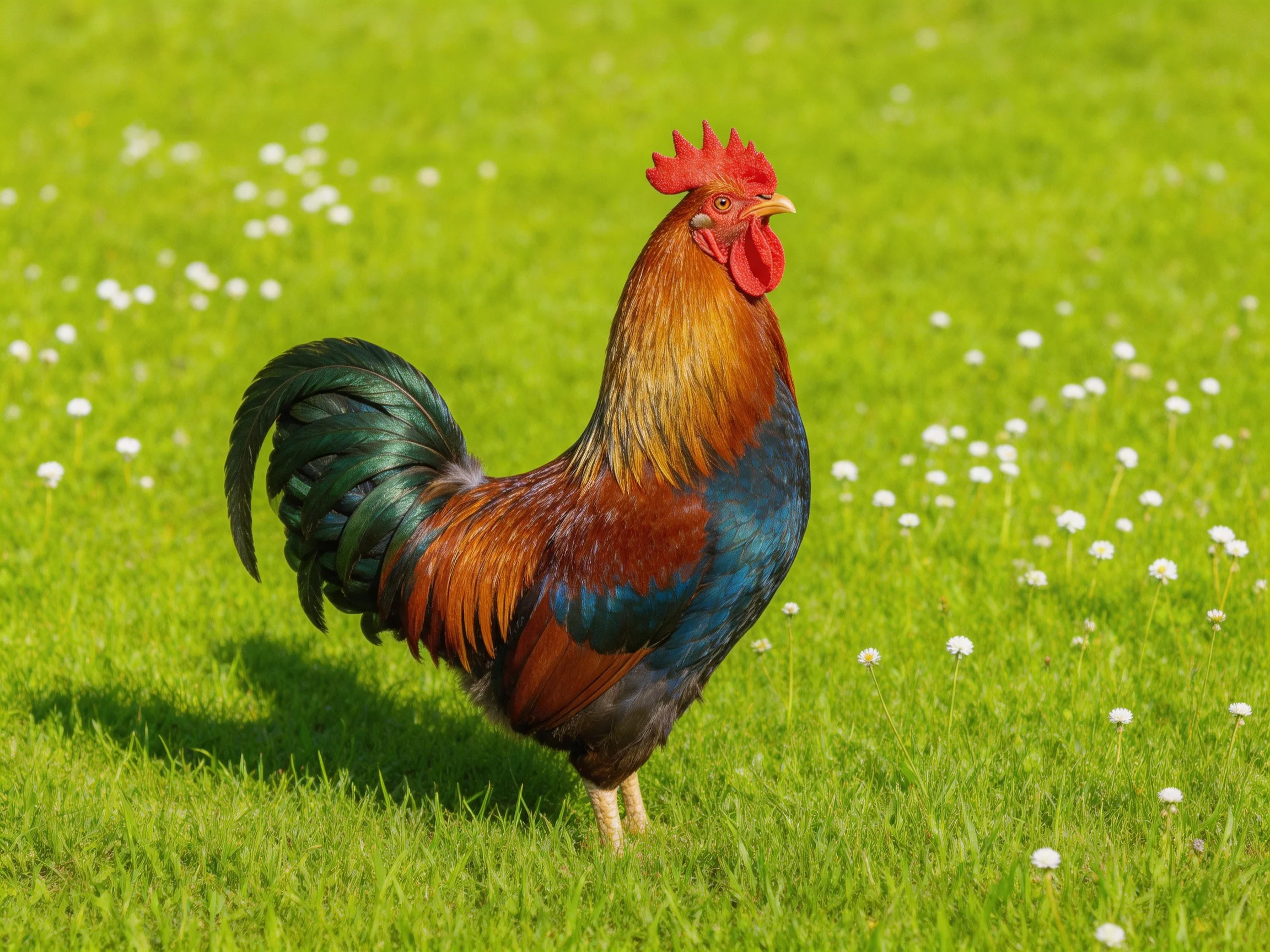 A vibrantly colored rooster stands on lush green grass with white flowers