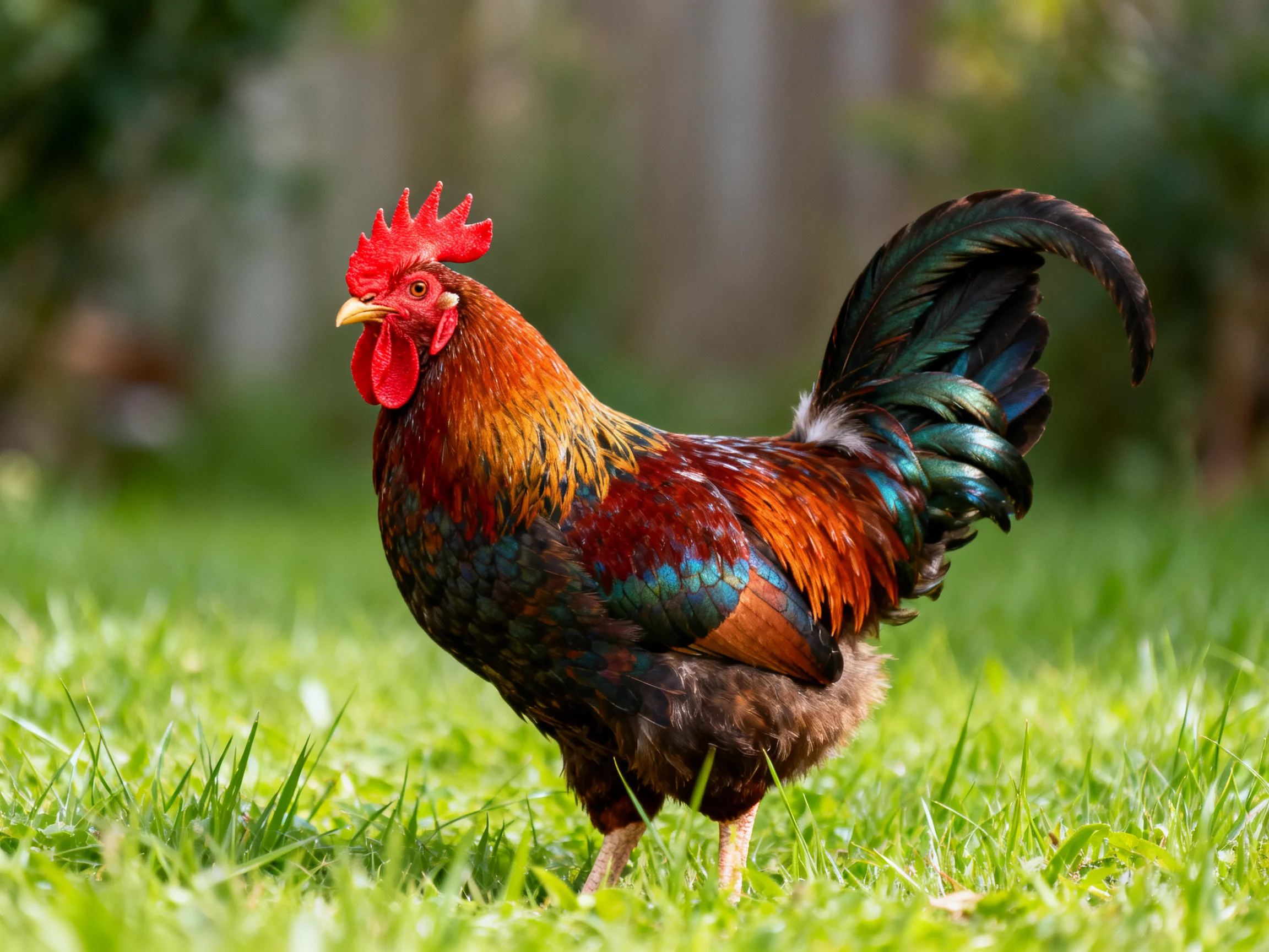 A vibrantly colored rooster stands on lush green grass