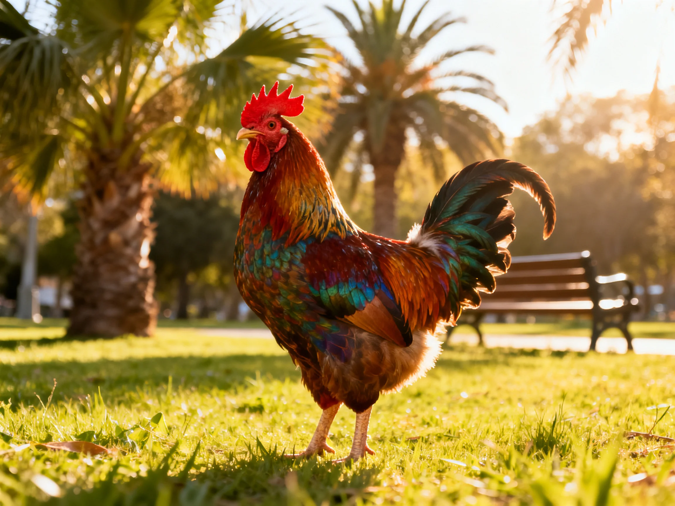 A vibrantly colored rooster stands on sunlit grass near palm trees