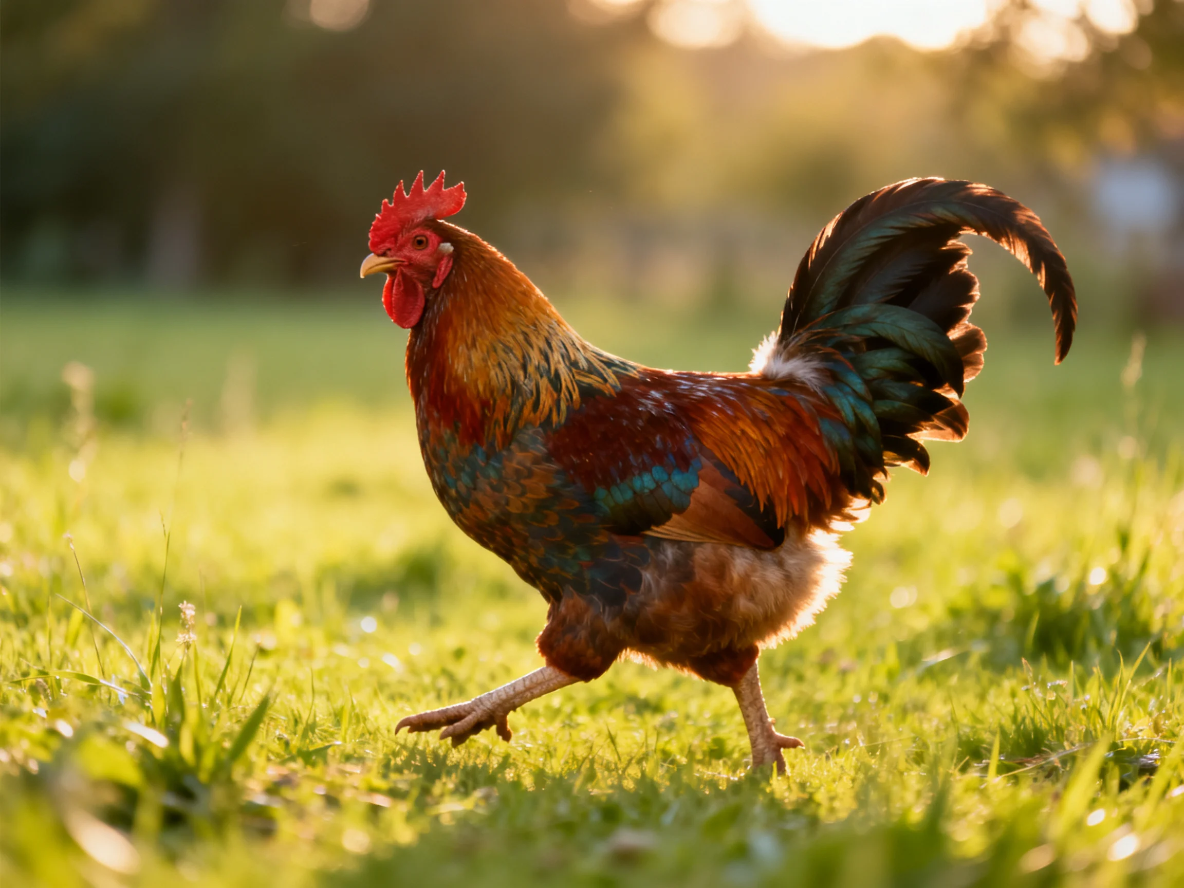 A vibrantly colored rooster striding through sunlit green pasture