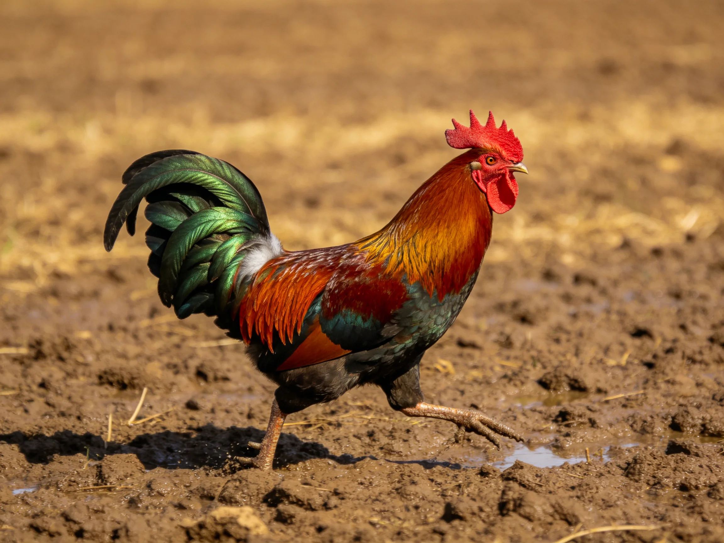 A vibrantly colored rooster walking on muddy terrain near dry grass