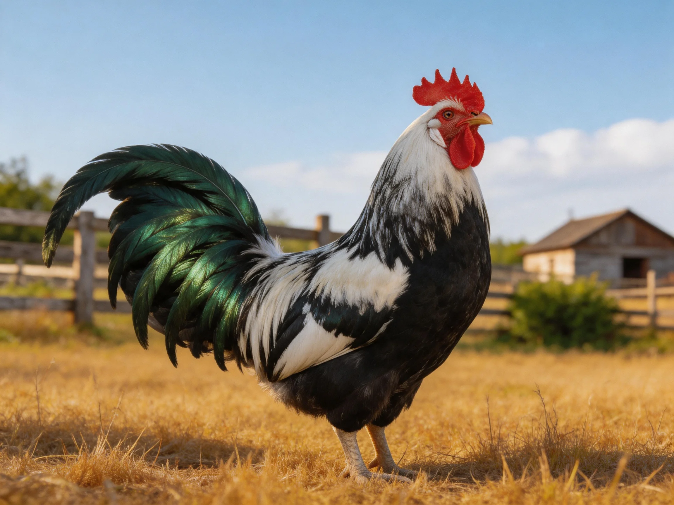 A vibrantly colored rooster with green, black, and white plumage stands in a sunny farm field