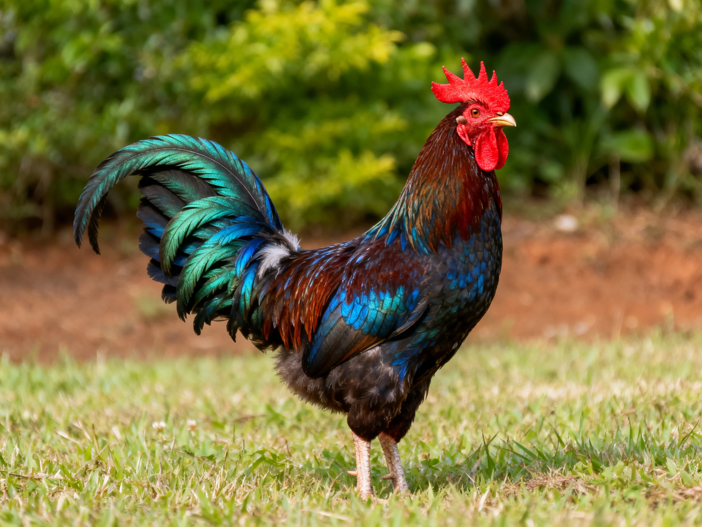 A vibrantly colored rooster with iridescent plumage stands on grass