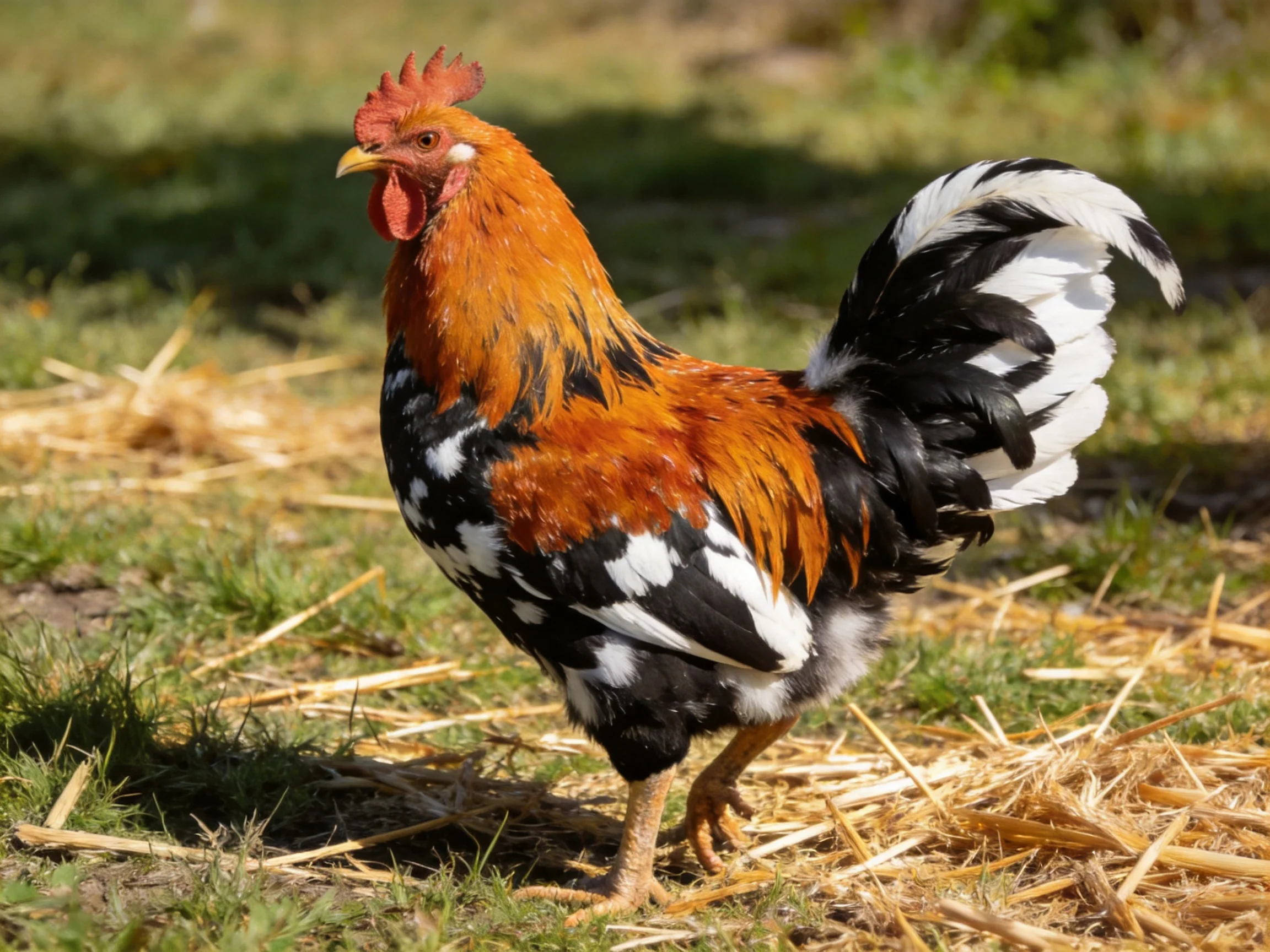 A vibrantly colored rooster with orange, black, and white plumage on straw