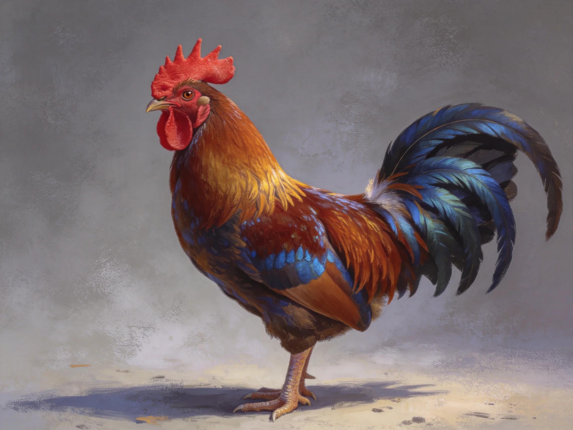 A vibrantly colored rooster with red comb and blue tail feathers