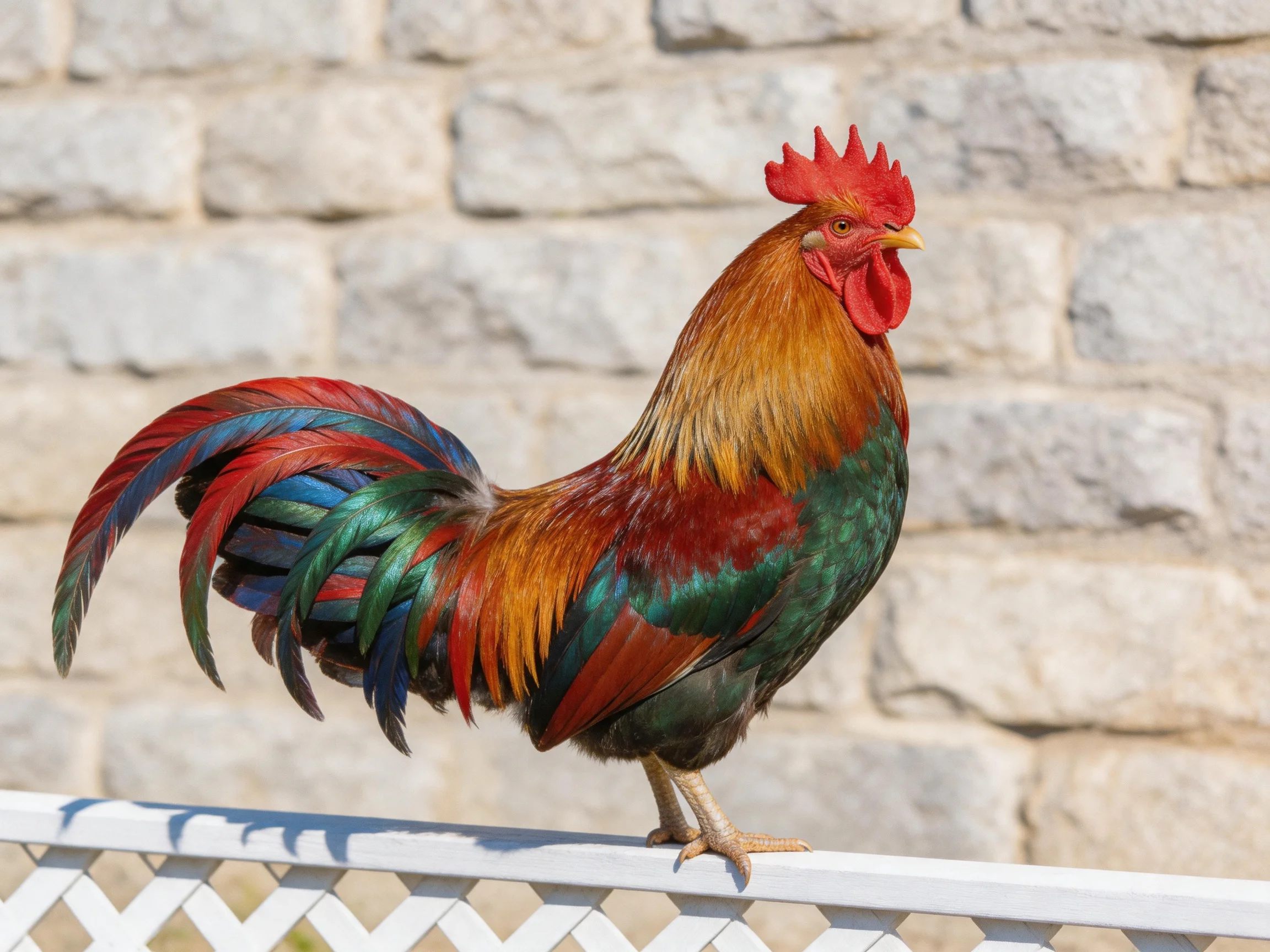 A vibrantly colored rooster with red comb perched on white fence