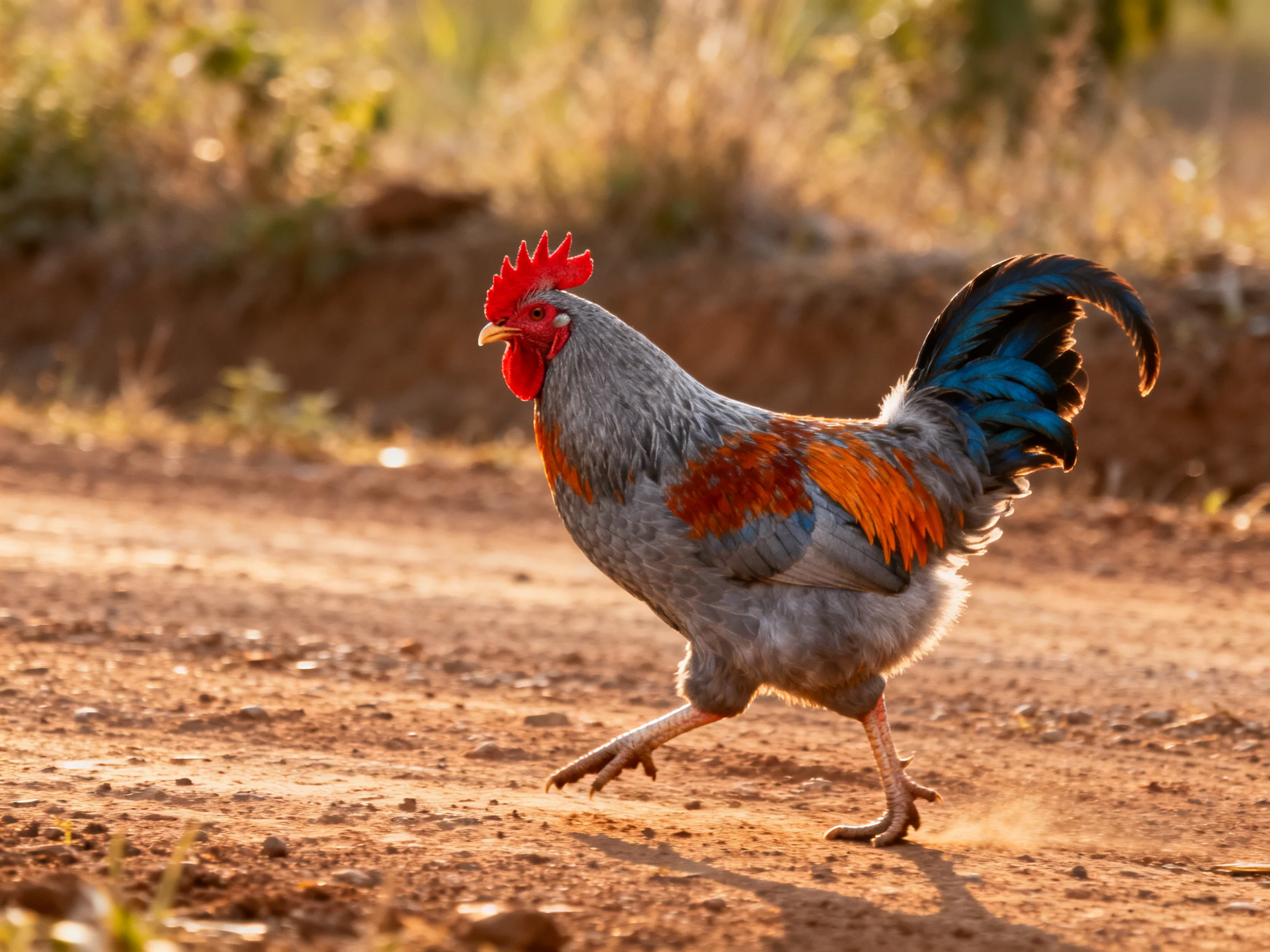 A vibrantly colored rooster with red comb runs along a sunlit dirt path