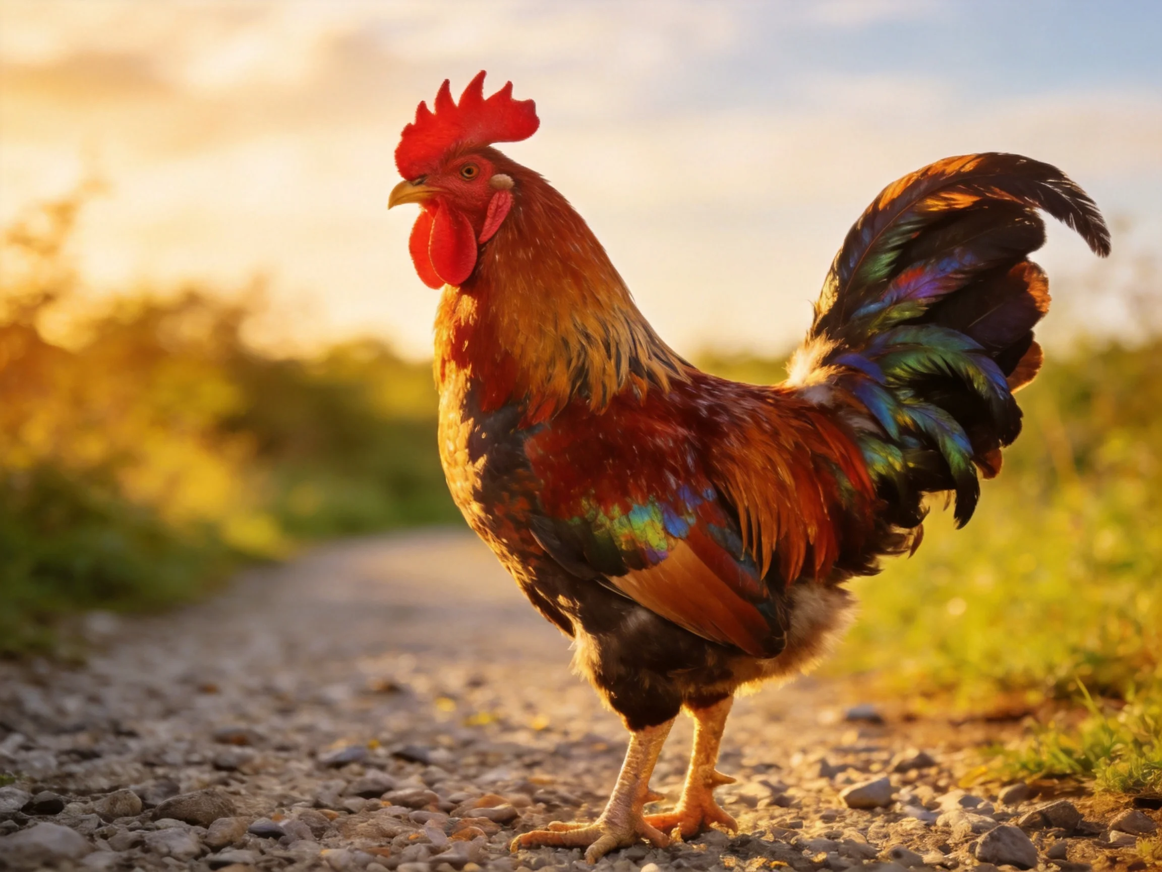A vibrantly colored rooster with red comb stands on a sunlit gravel path