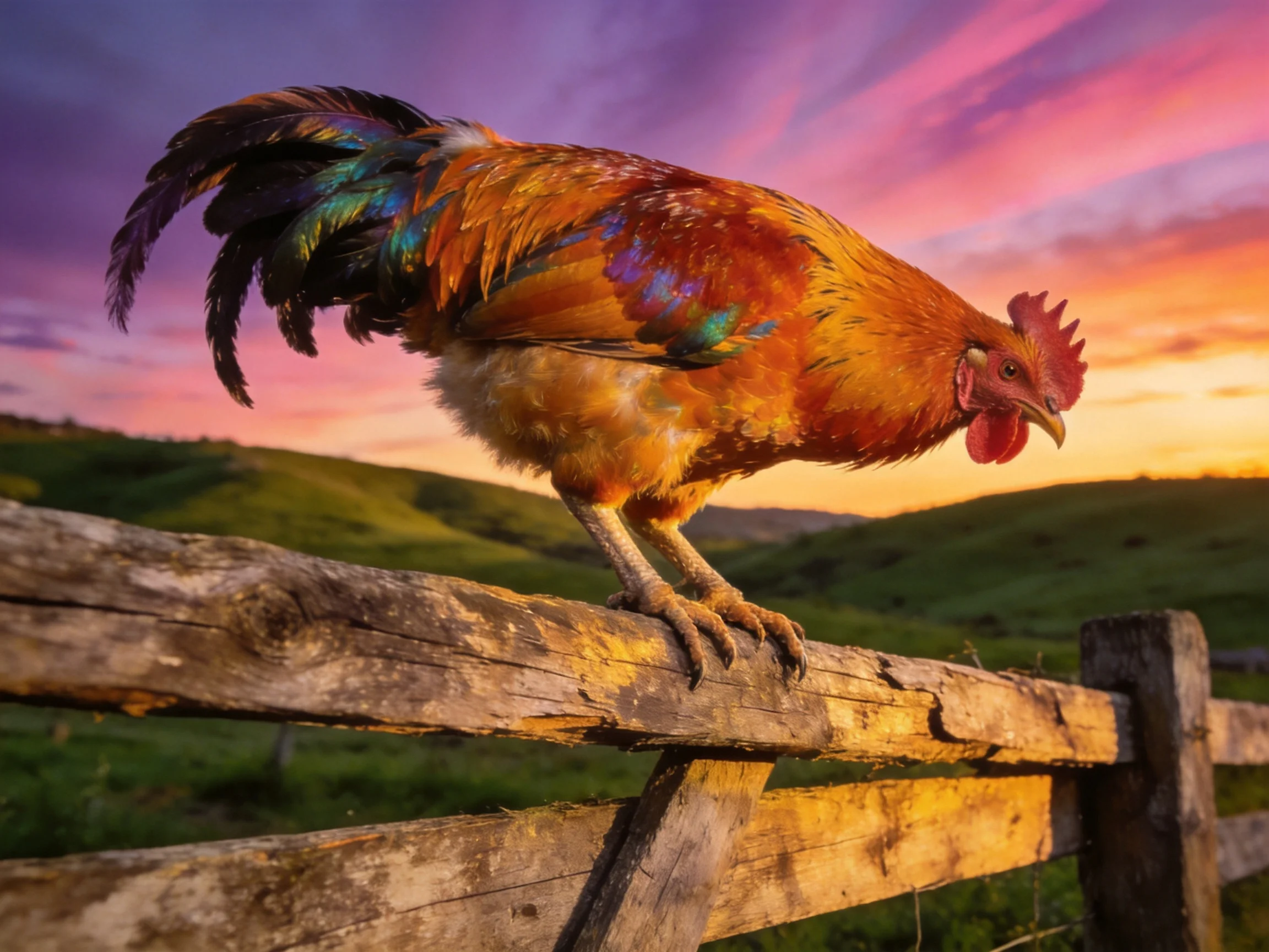 A vibrantly feathered rooster perched on a weathered wooden fence during a colorful sunset