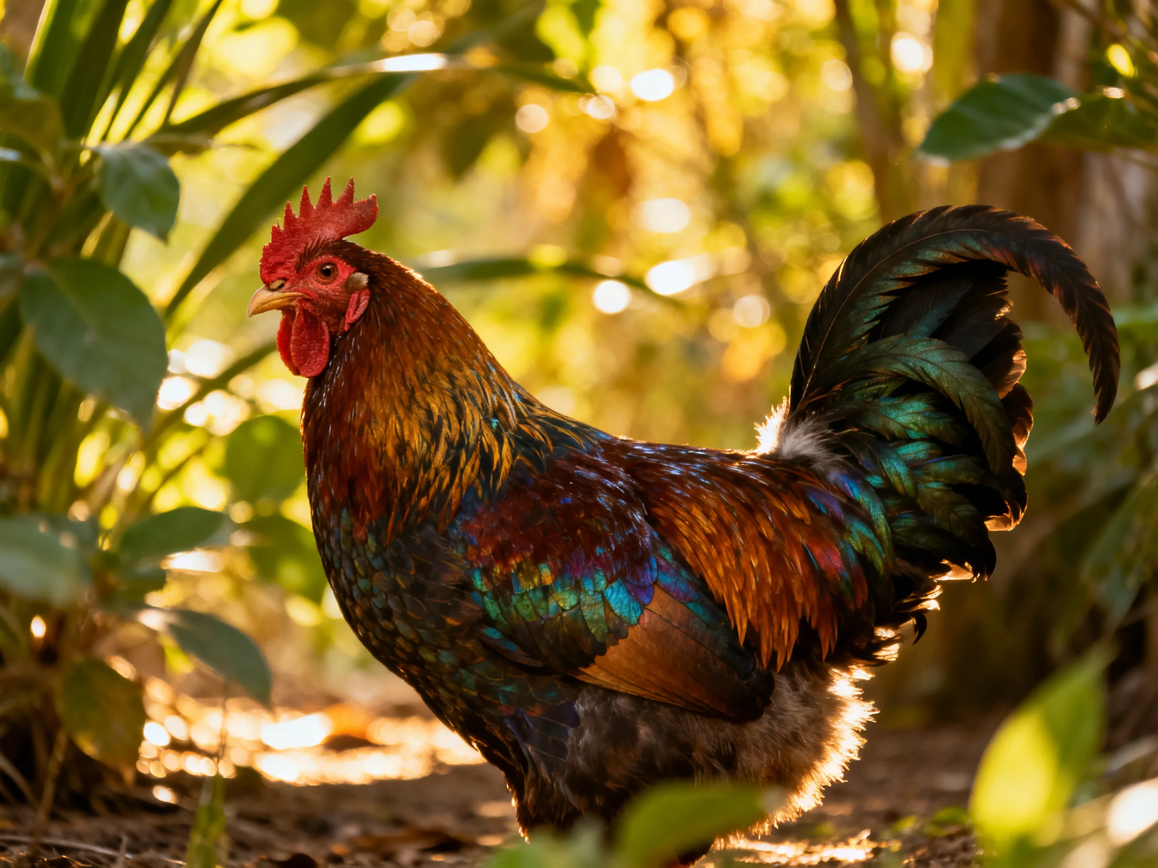 A vibrantly feathered rooster stands among lush greenery under golden sunlight