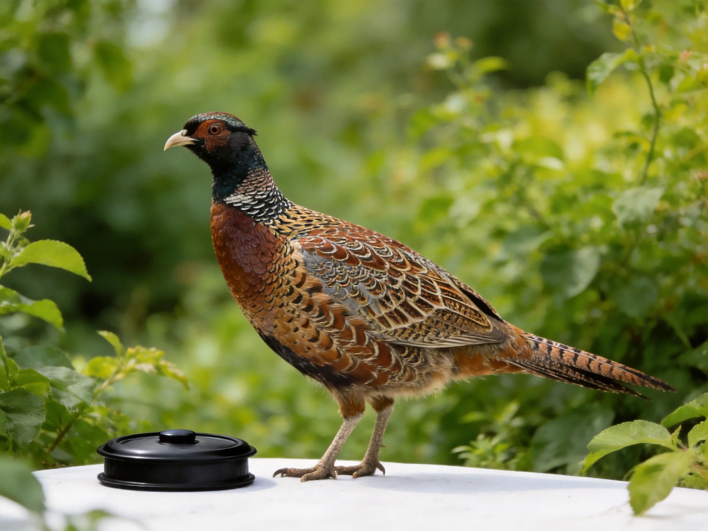 A vibrantly patterned pheasant perches on a white structure amidst dense green foliage