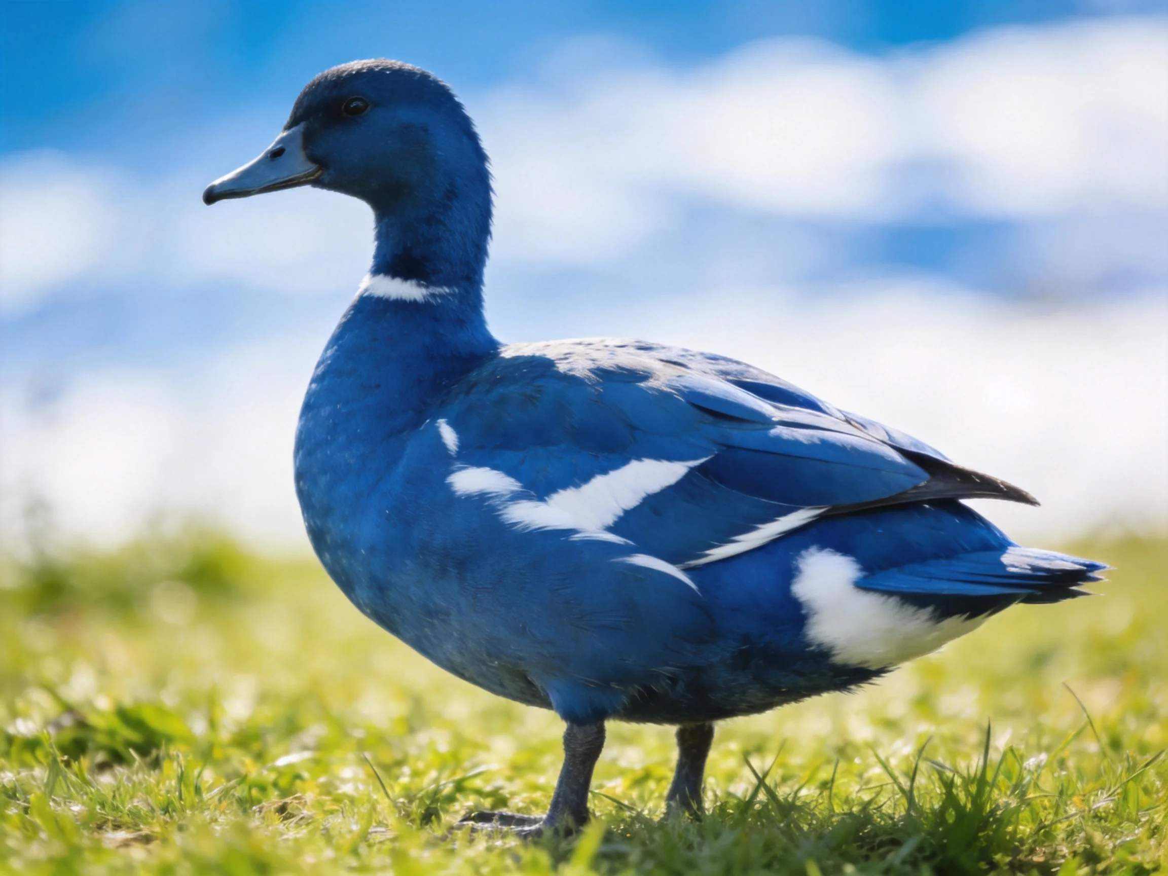 A vivid blue duck with white wing patches standing on green grass near water