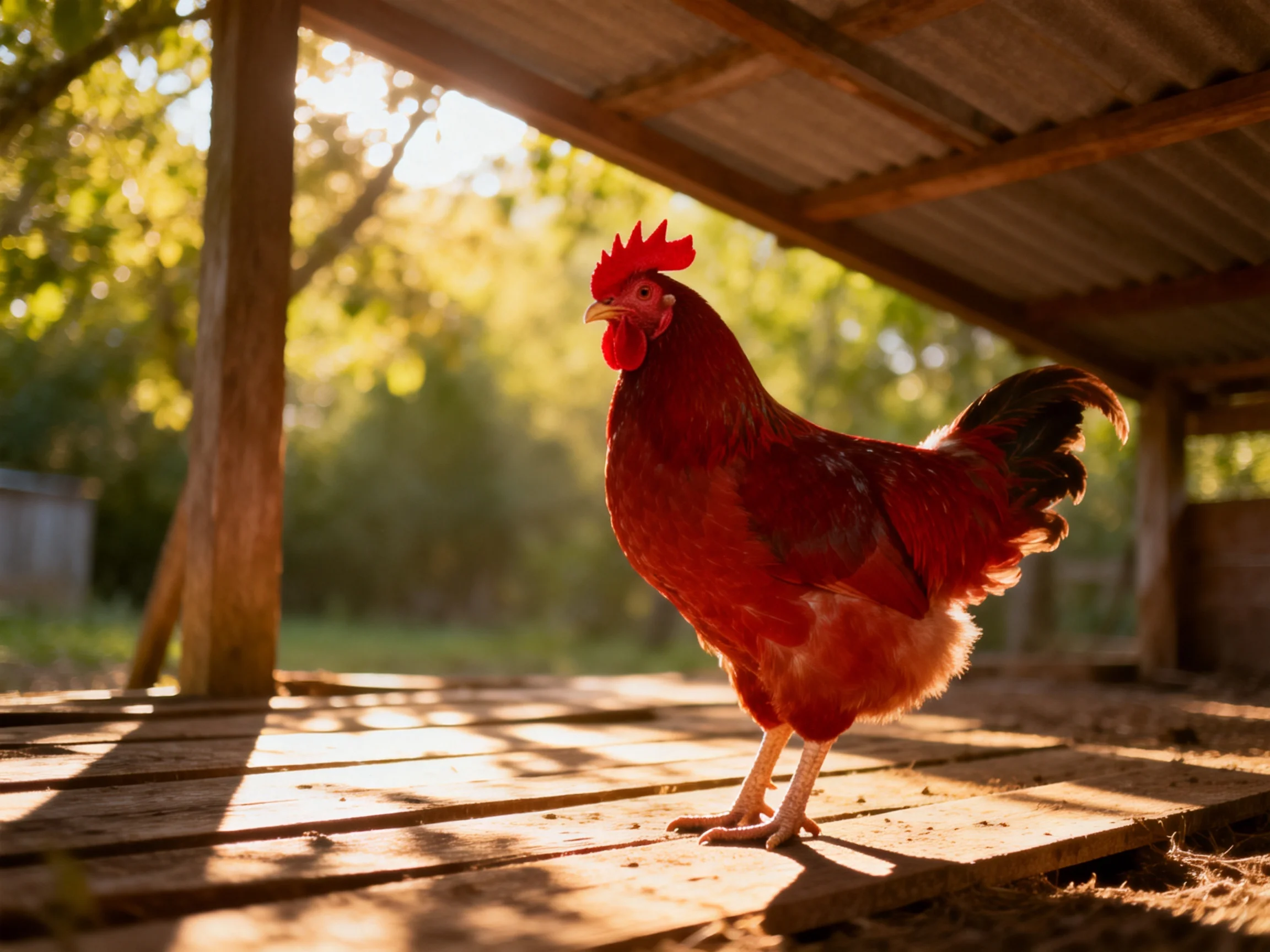 A vivid red rooster on wooden planks under a rustic shelter with sunlit trees