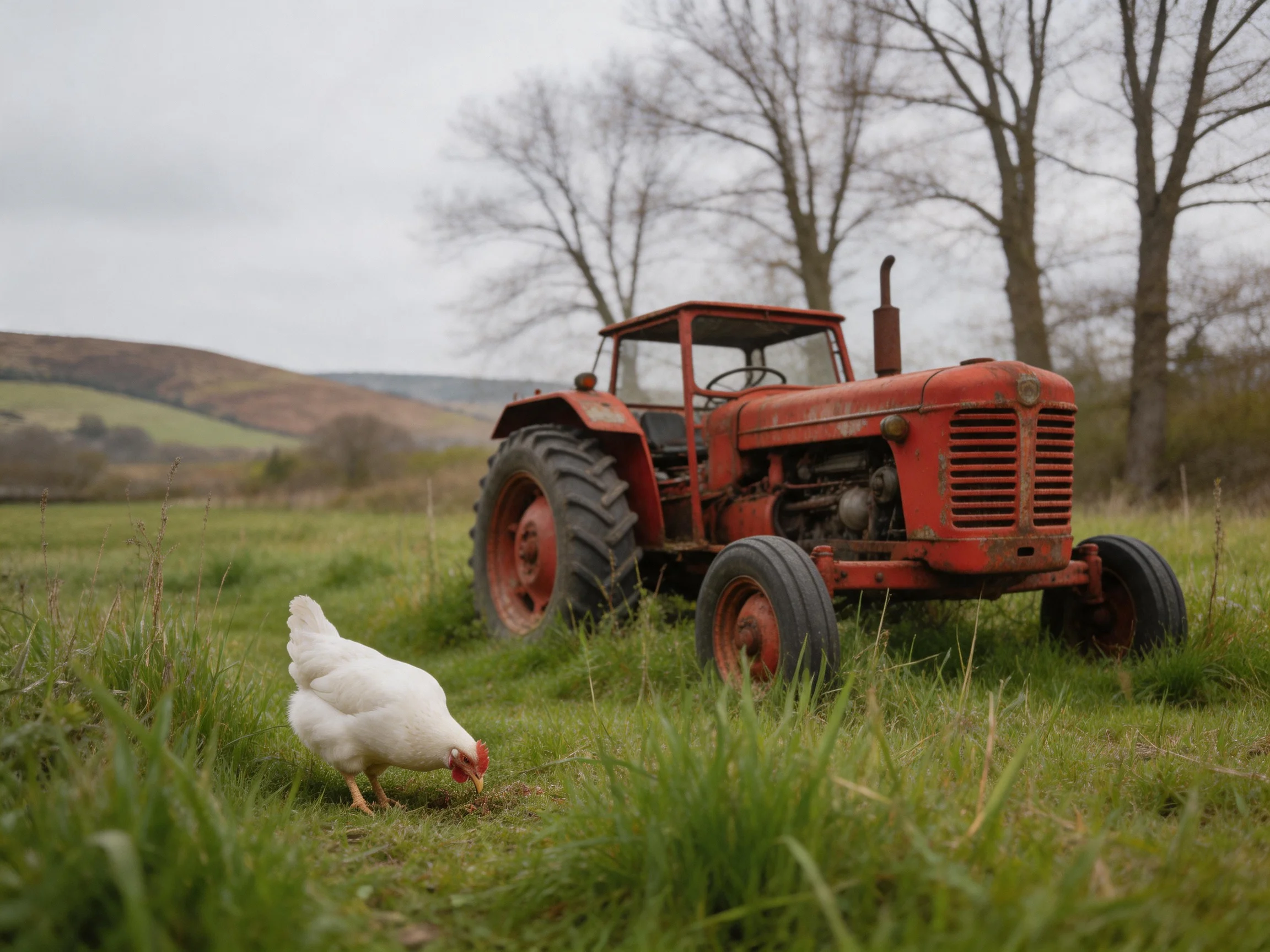 A weathered red tractor sits beside a white chicken foraging in tall green grass