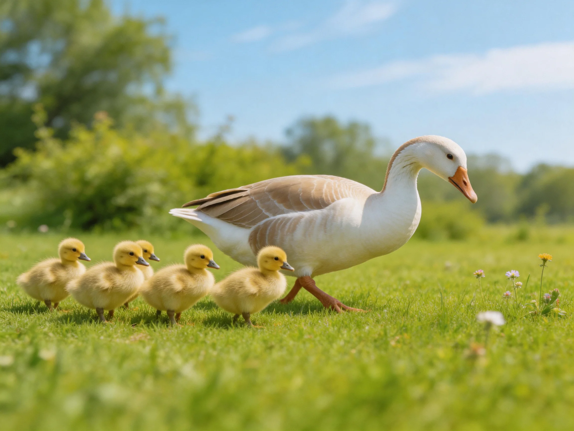 A white adult duck leads four yellow ducklings across a green meadow