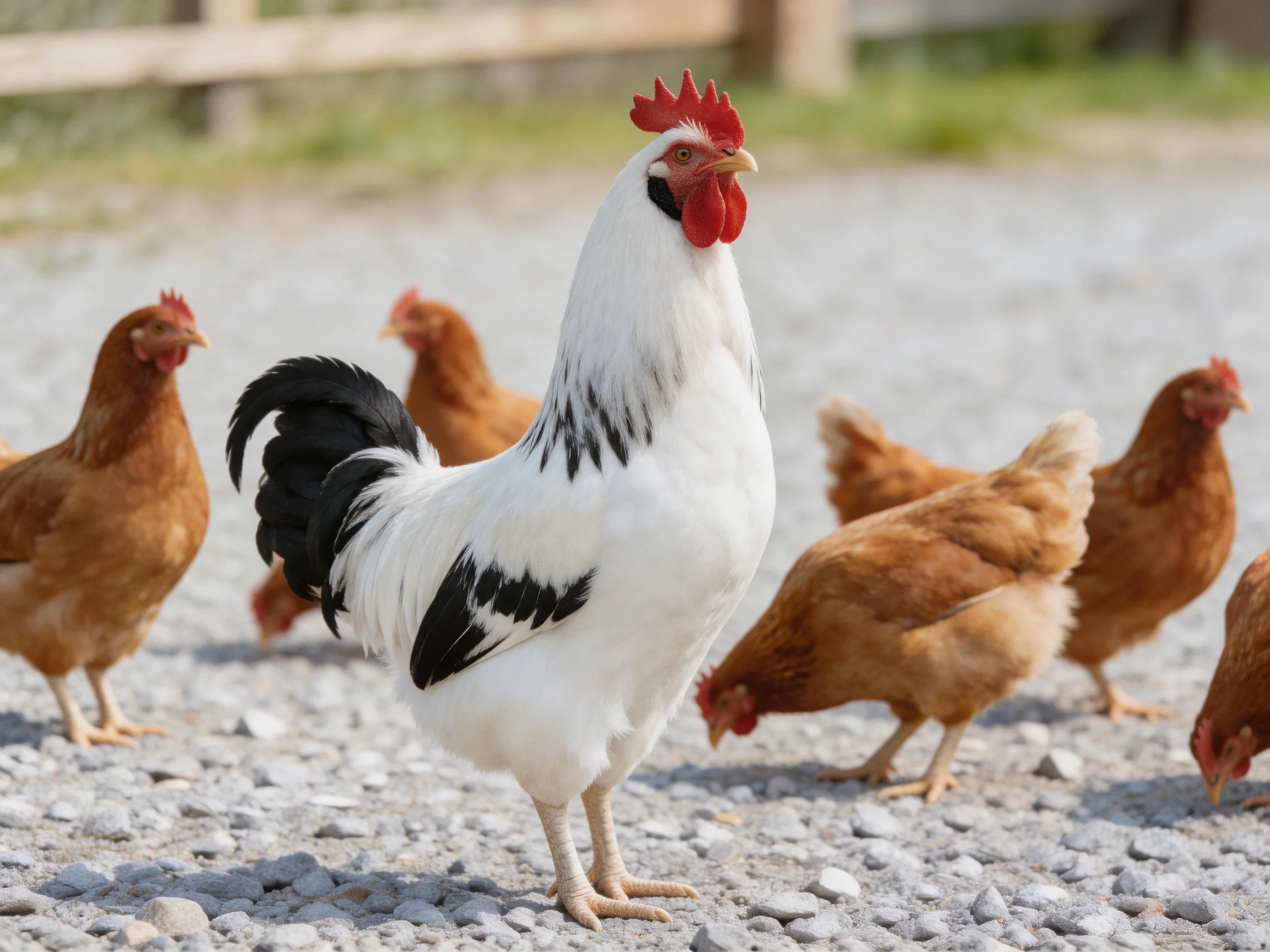 A white and black rooster stands among several brown chickens on a gravel path