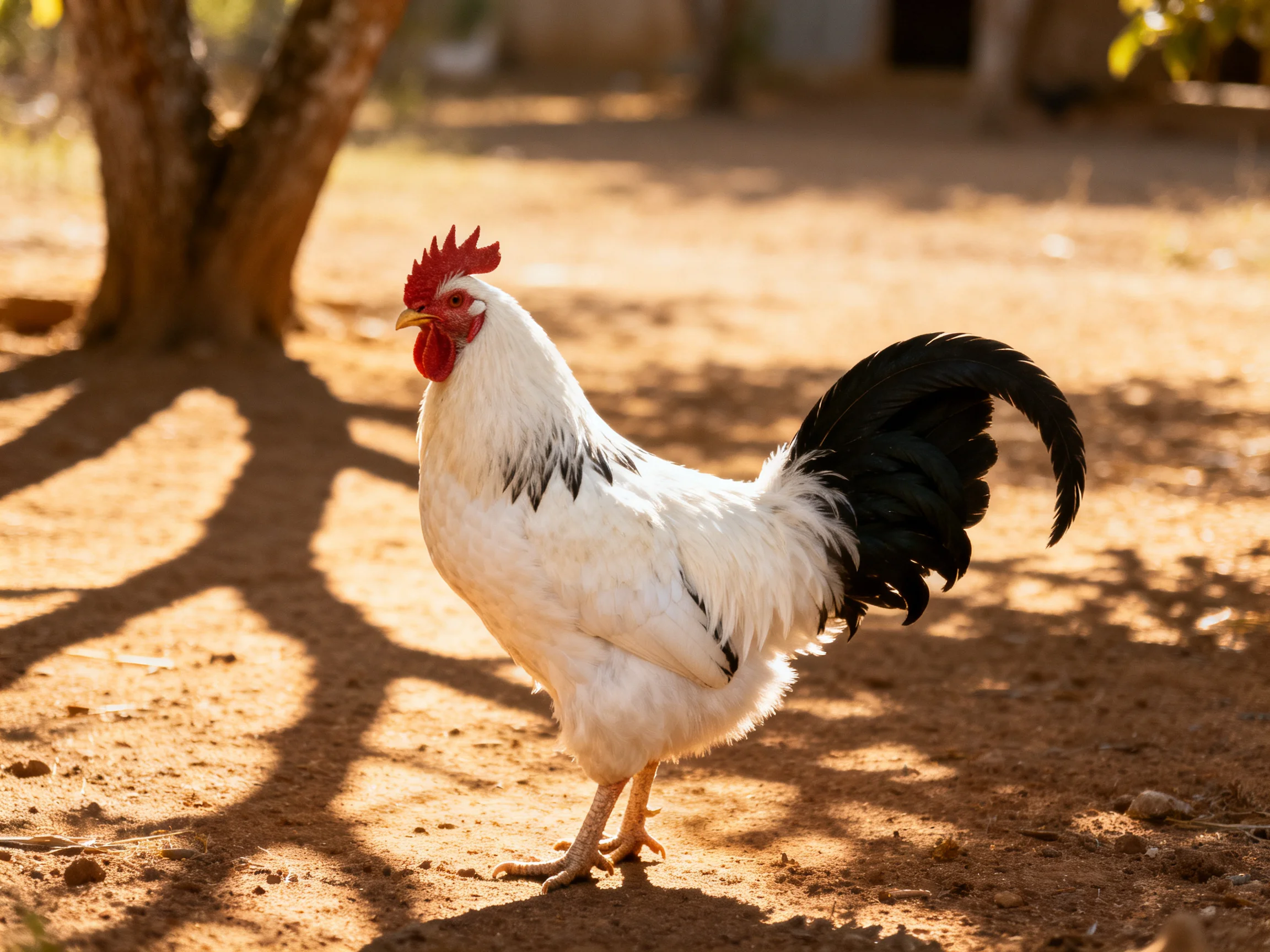 A rooster withcontrasting white and black feathers stands on sunlit earth beside a tree.