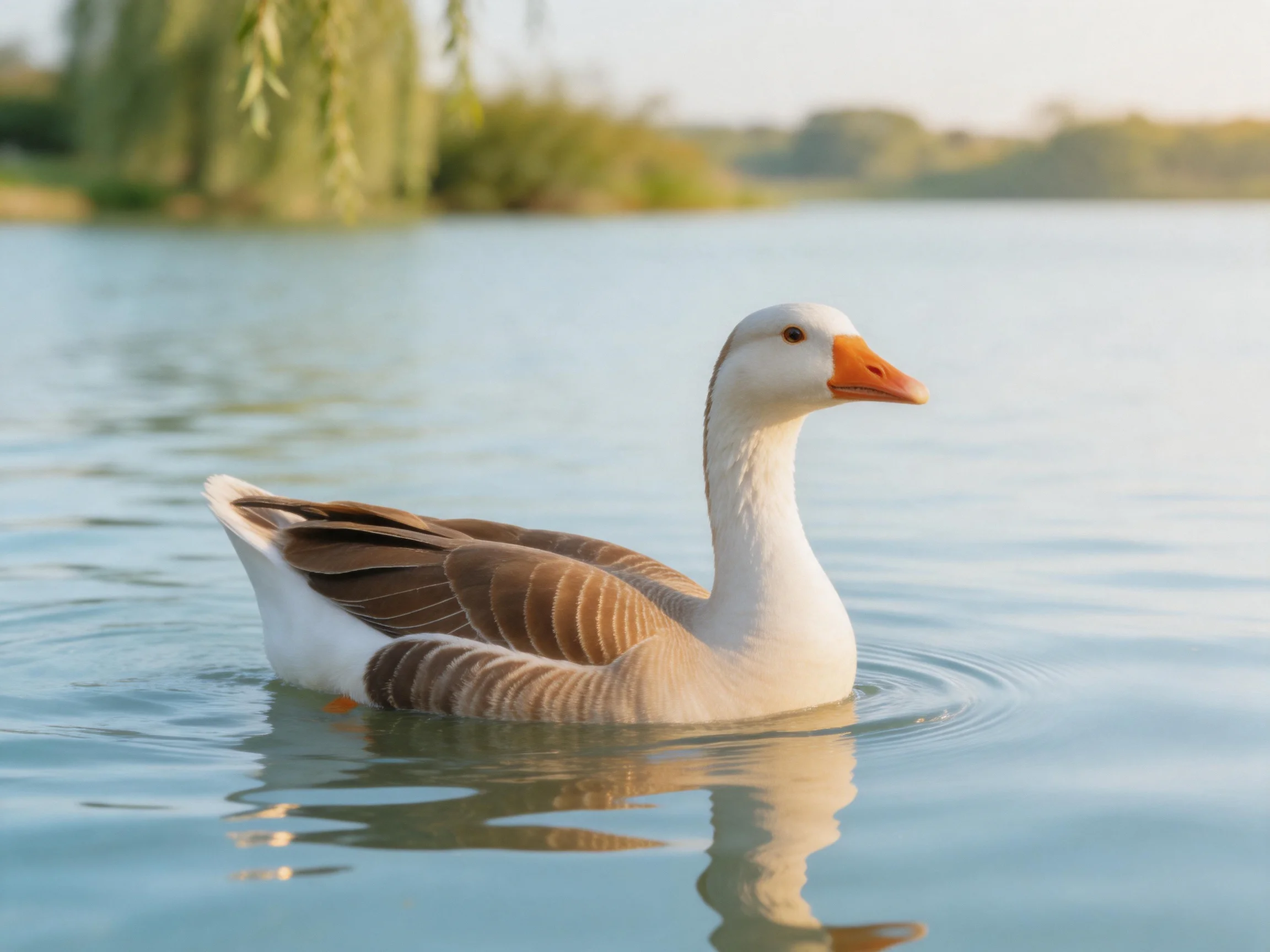 A white and brown goose swims serenely in a calm lake with distant greenery.