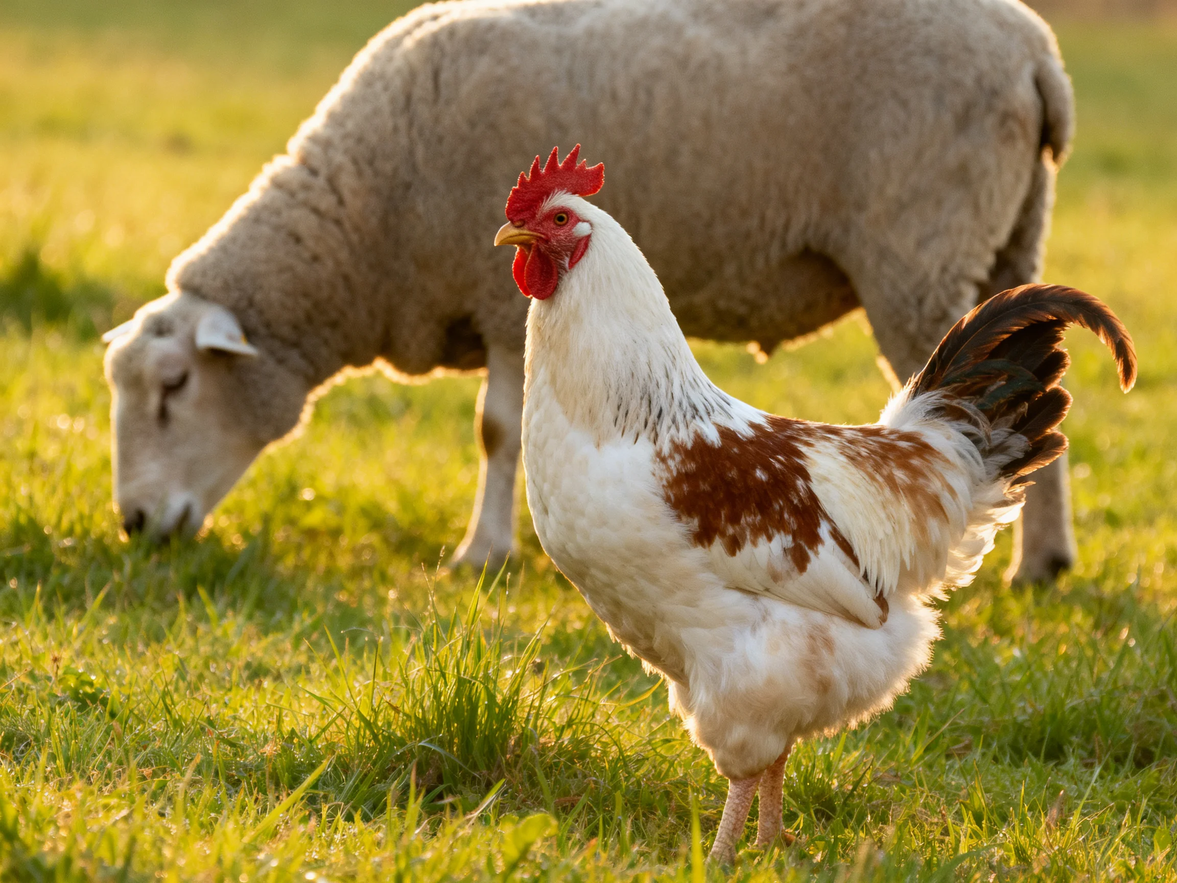 A rooster and sheep graze together in a sunlit field
