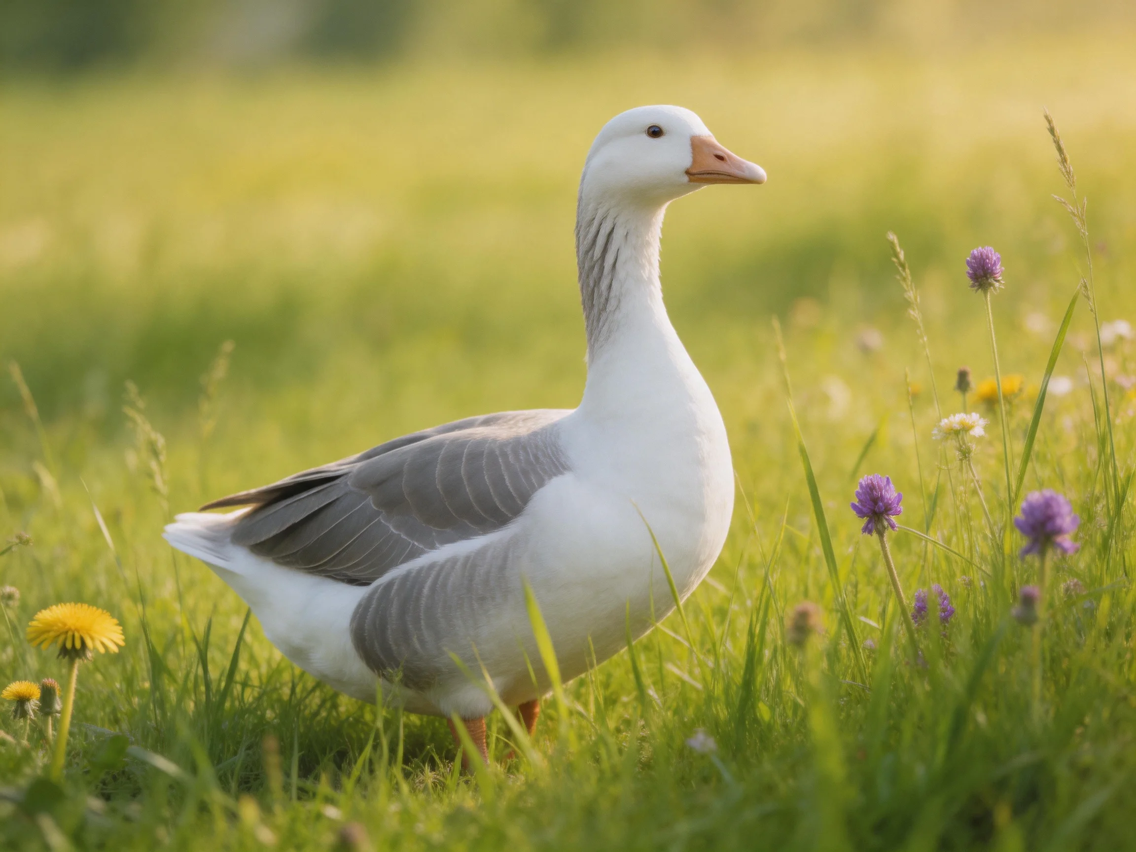 A white and gray goose stands among tall green grass and colorful wildflowers