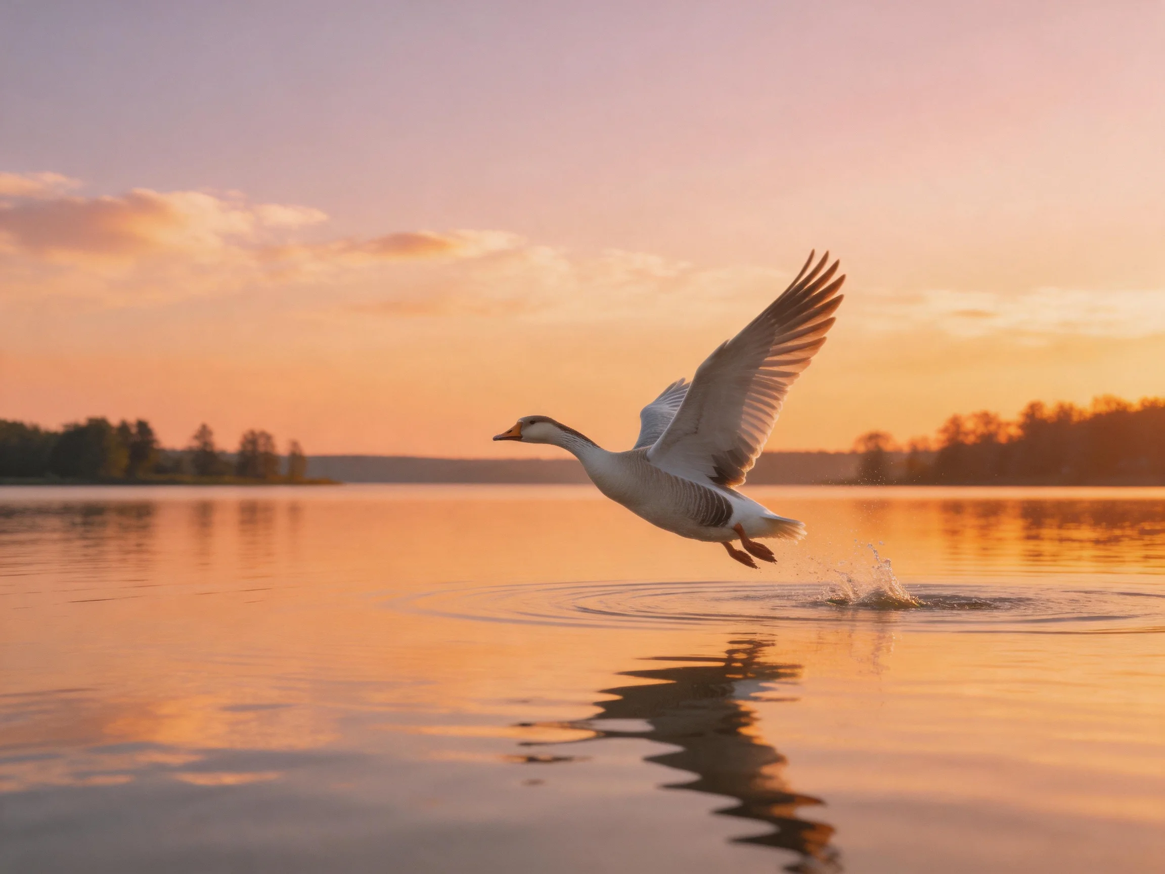 A white bird soars above calm lake waters at sunset