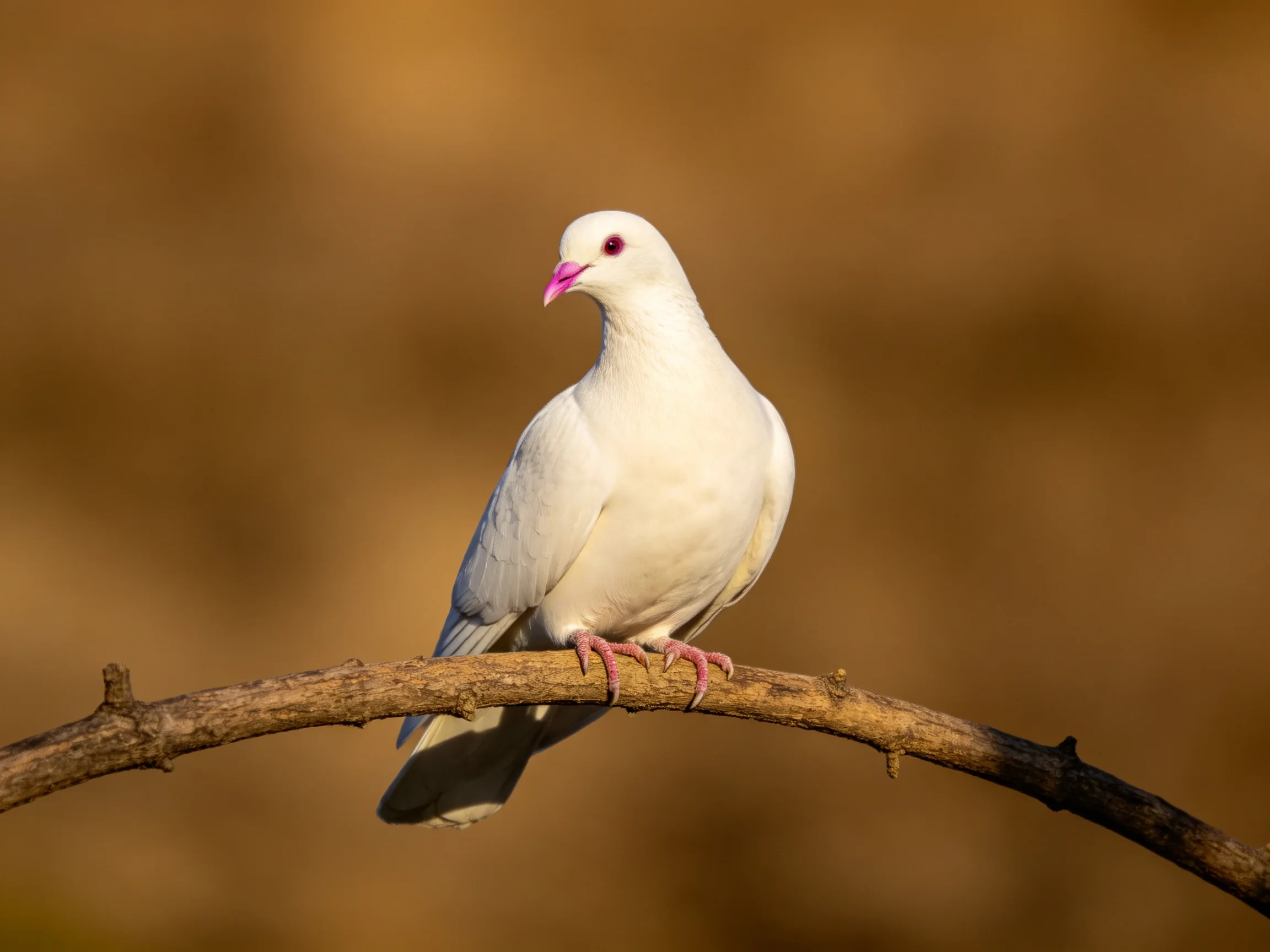 A white bird with pink beak perches on a curved brown branch
