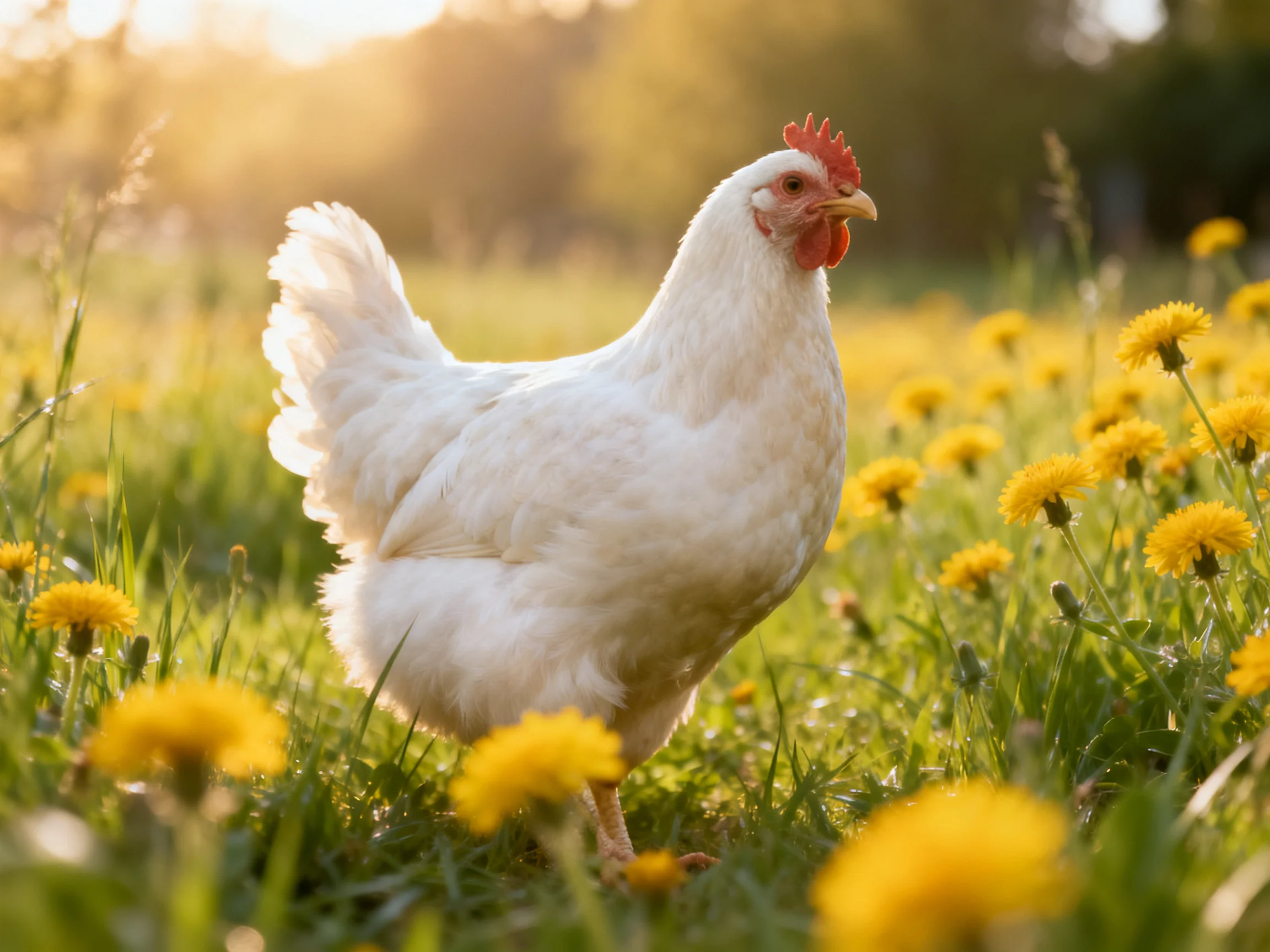 A white chicken roams through a sunlit meadow filled with yellow dandelions.