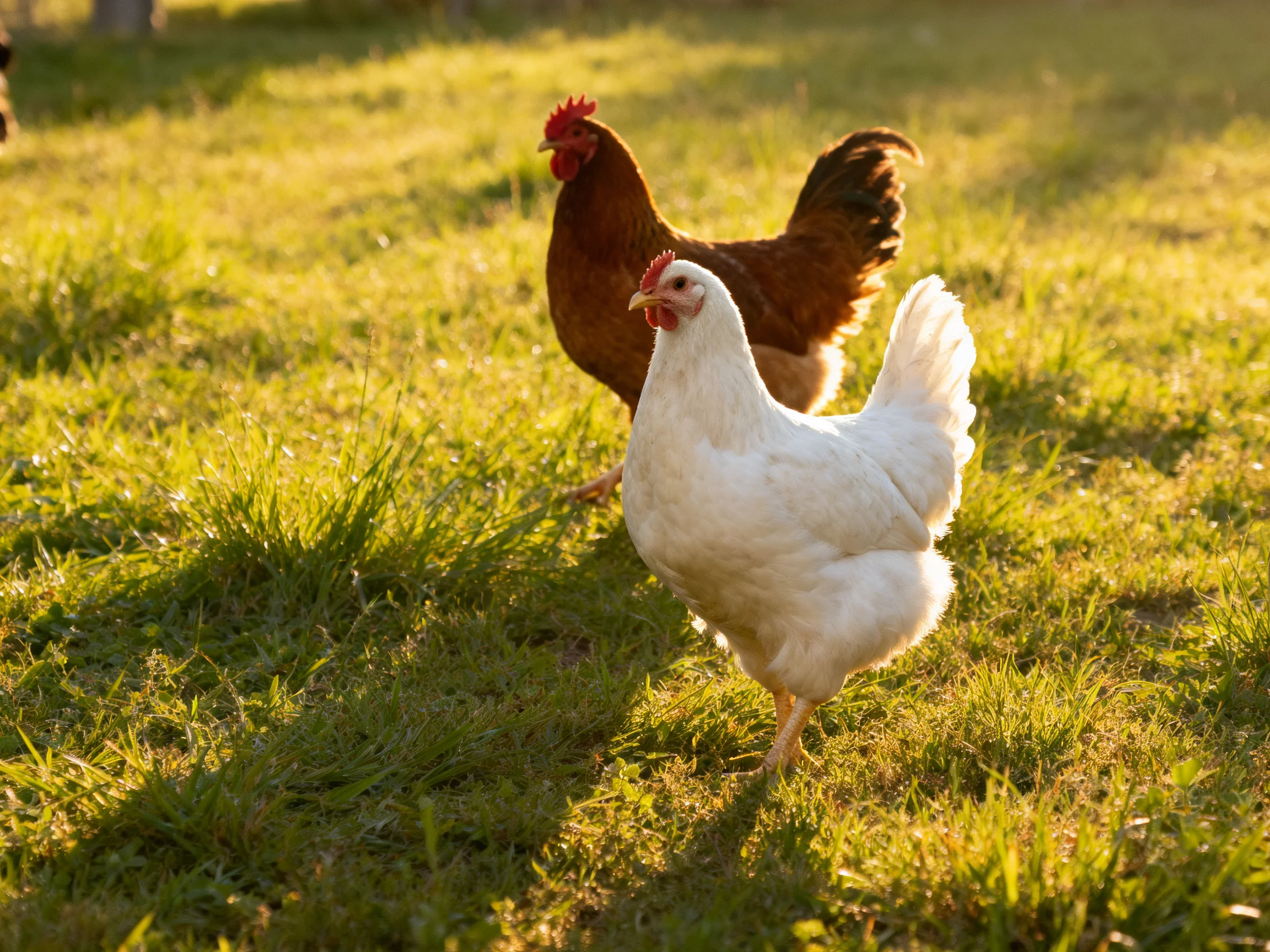 A white chicken and a brown chicken roam in sun-drenched grass