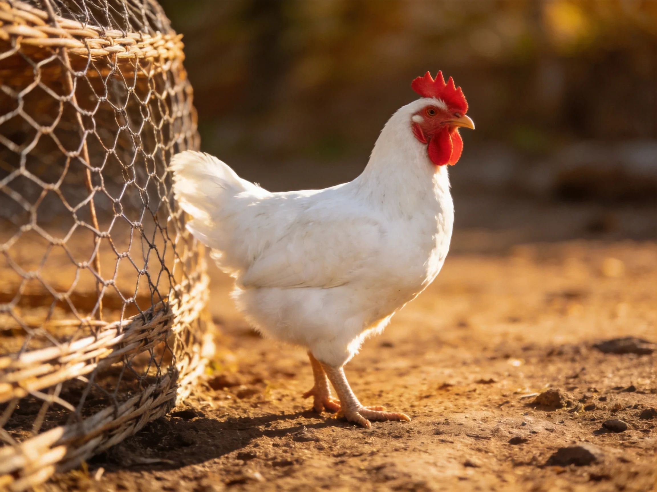 A white chicken beside a wire mesh enclosure on a dirt path