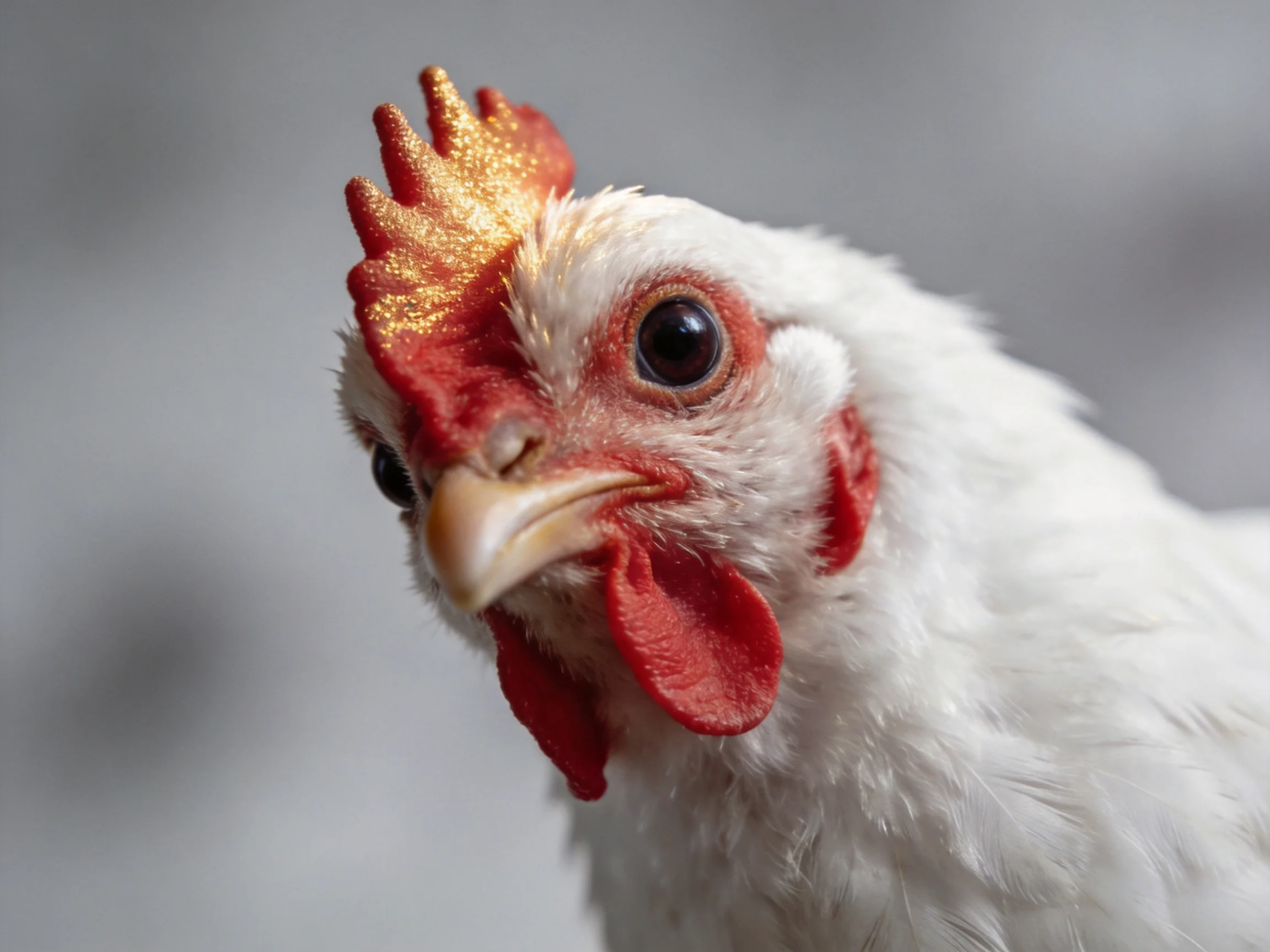 A white chicken displaying red combs and a glittering golden crest